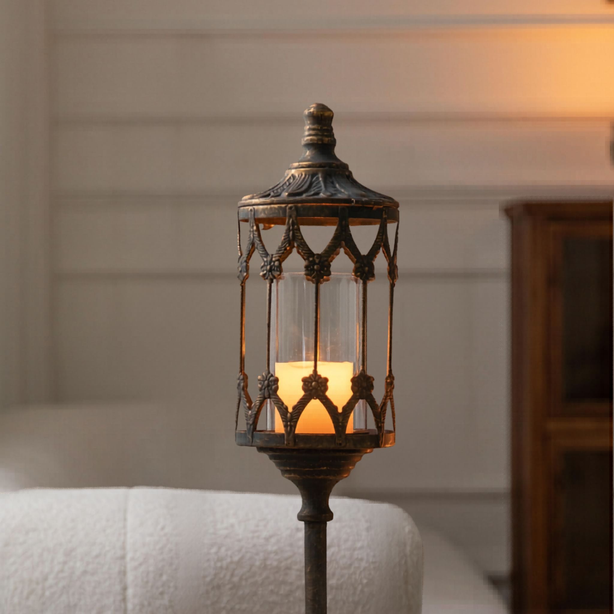 French Provincial Floor Candle Lantern, Tall Aged Metal Hurricane