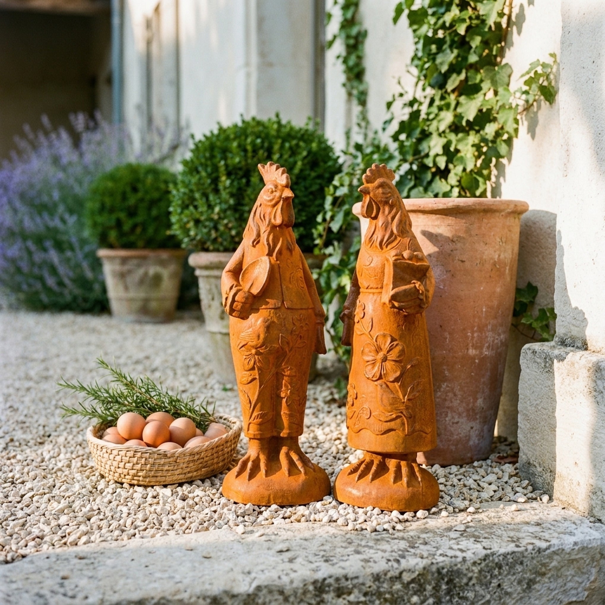 Mr Featherwick and Mrs Cluckington on a limestone step beside a basket of eggs