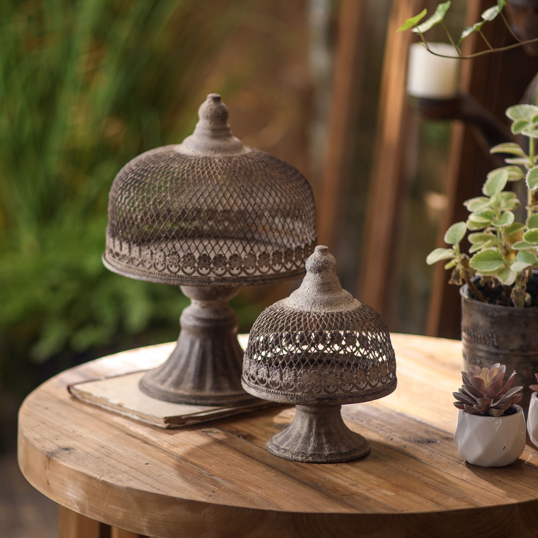 Leandro French Provincial pedestal cloche set of 2 in aged stone-look wire mesh on a round timber table. Hero.