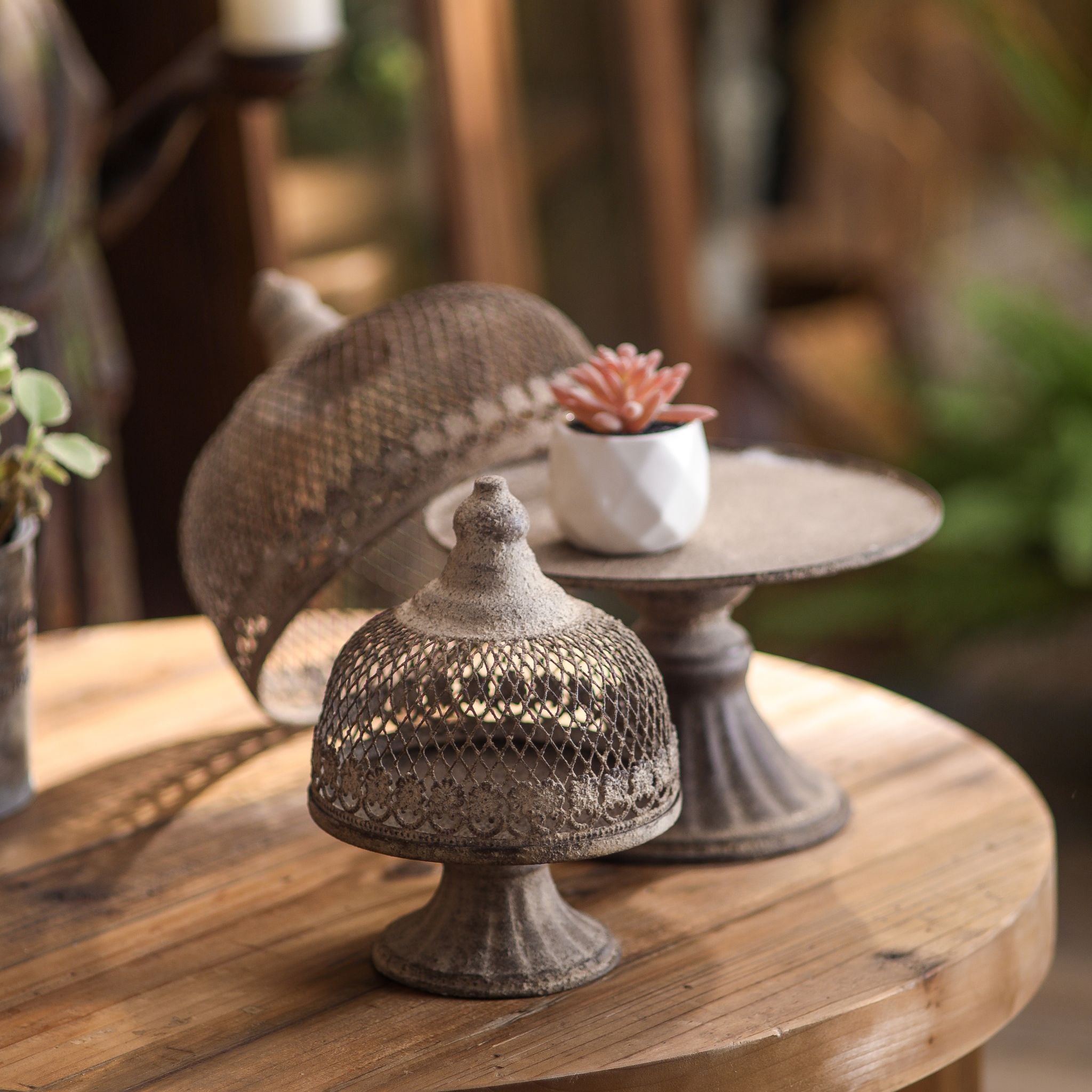 Leandro large cloche with the mesh dome lifted off showing the footed pedestal plate