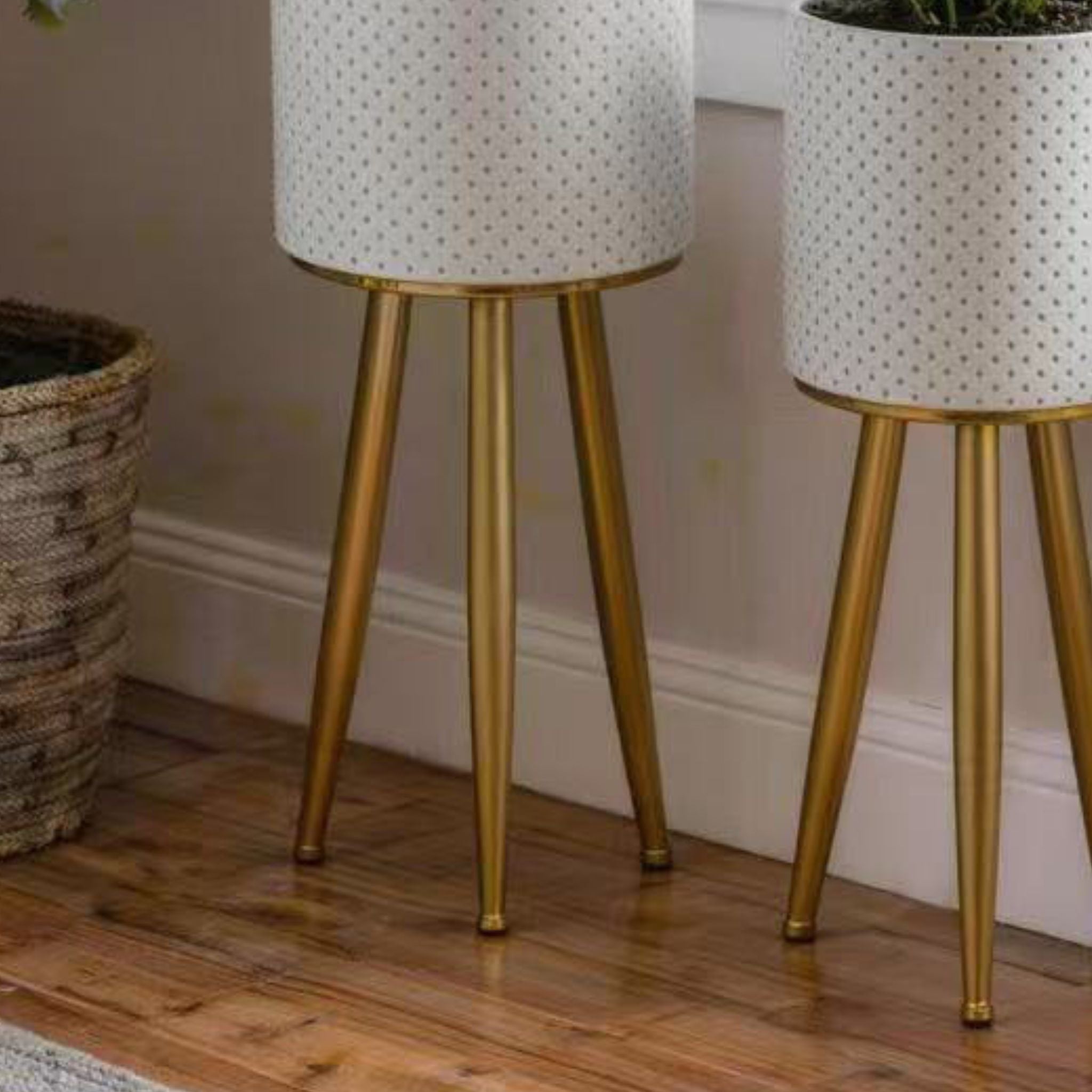 Fiora planter close-up of the tapered gold tripod legs and pin-dot pots