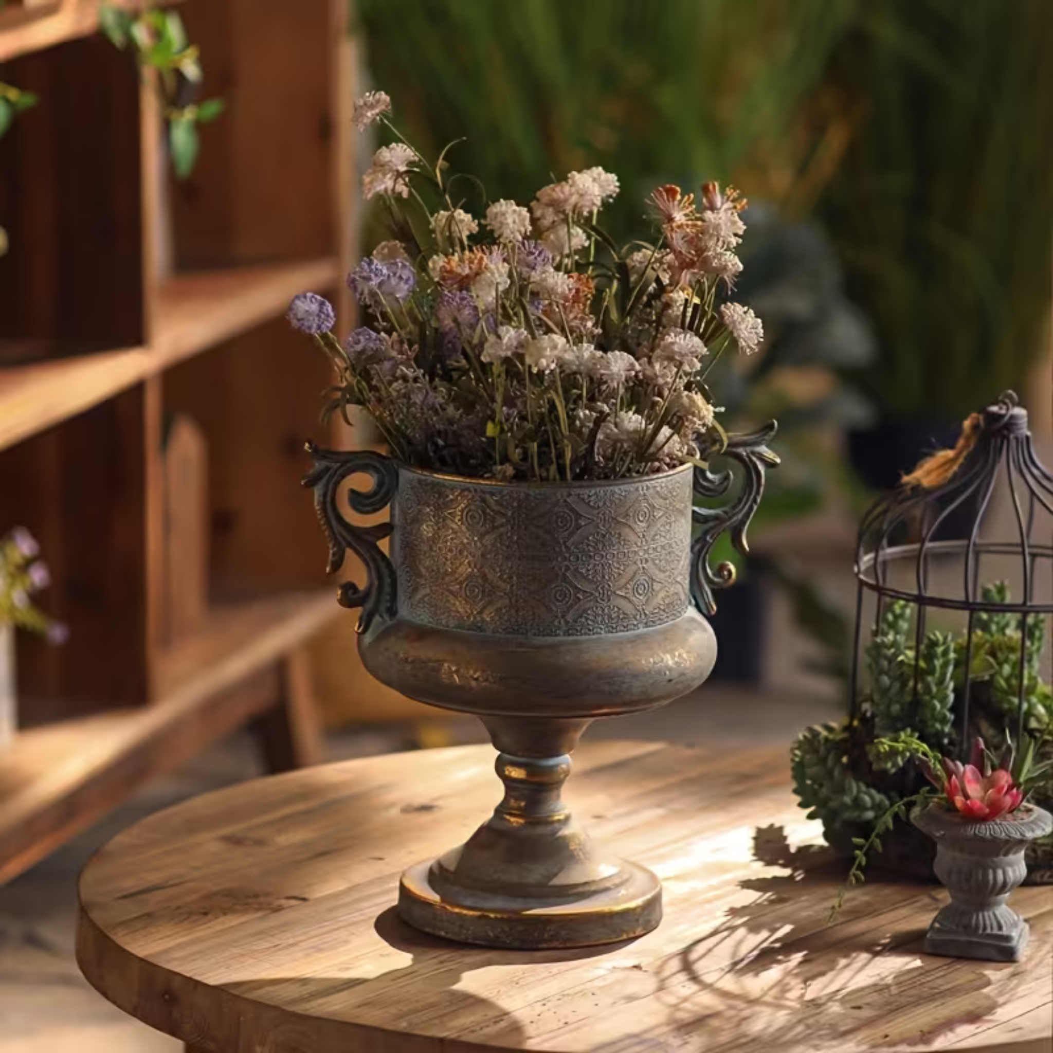 Mistral embossed verdigris and gold urn planter with dried wildflowers. Hero.