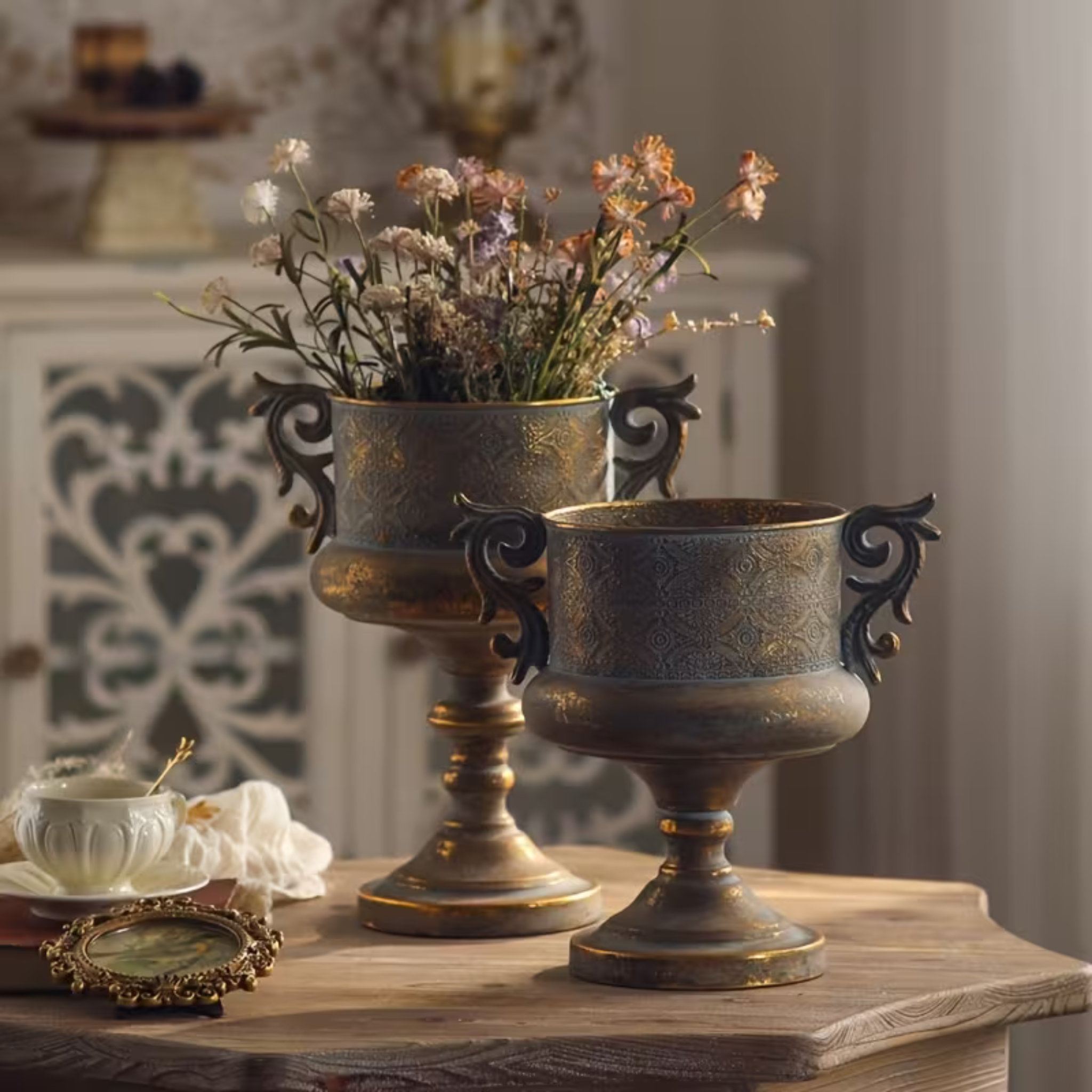Mistral and the taller Mykonos urn together showing the two sizes