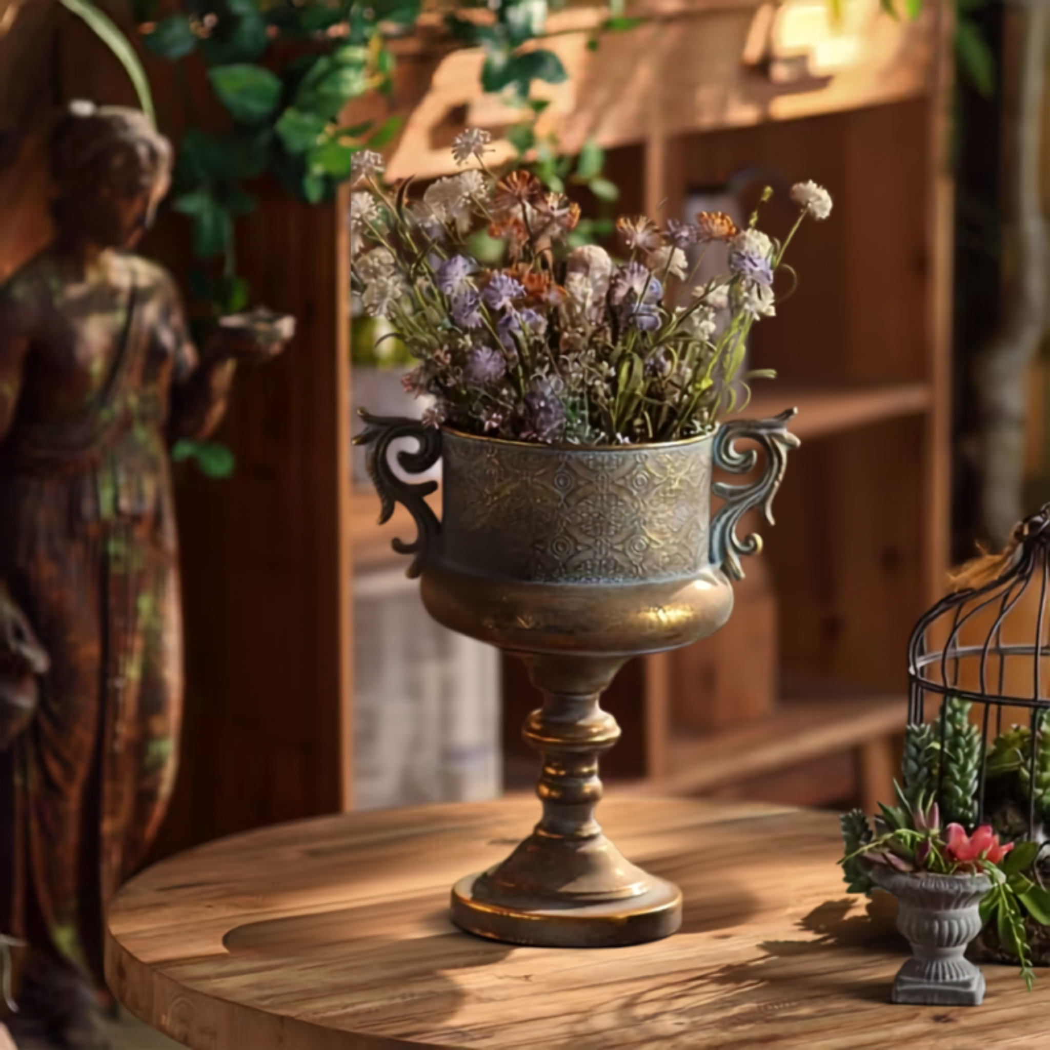 Mykonos embossed verdigris and gold urn planter with dried flowers on a garden table. Hero.