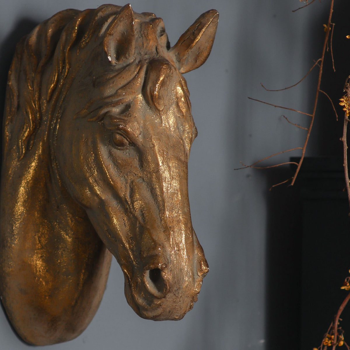 Cara gold horse head wall mount three-quarter view showing the flowing sculpted mane