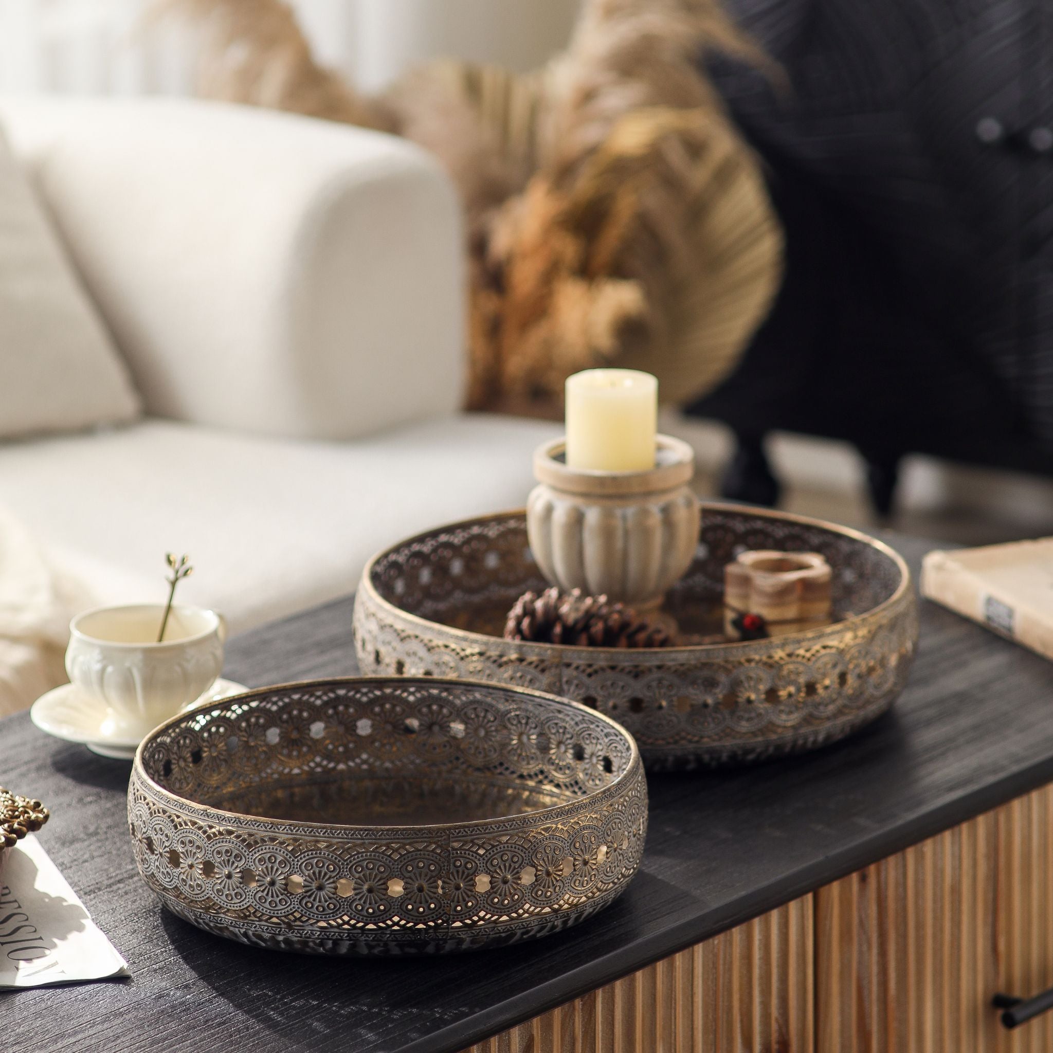 Both Abrielle metal trays styled on a dark sideboard in a French Provincial living room setting