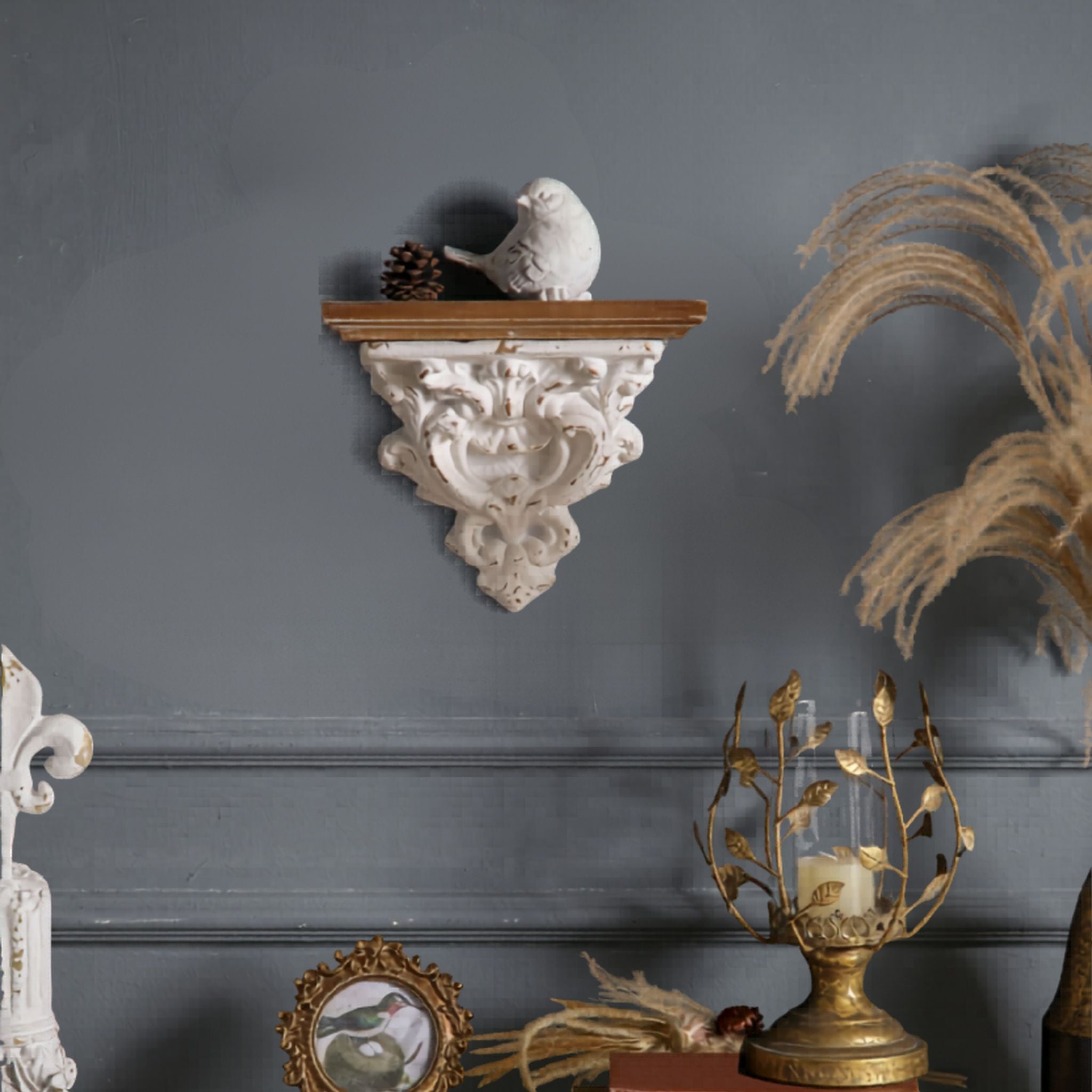 Sabrina French Provincial Wall Corbel Shelf, Distressed White Baroque Scroll Sconce with Timber Top