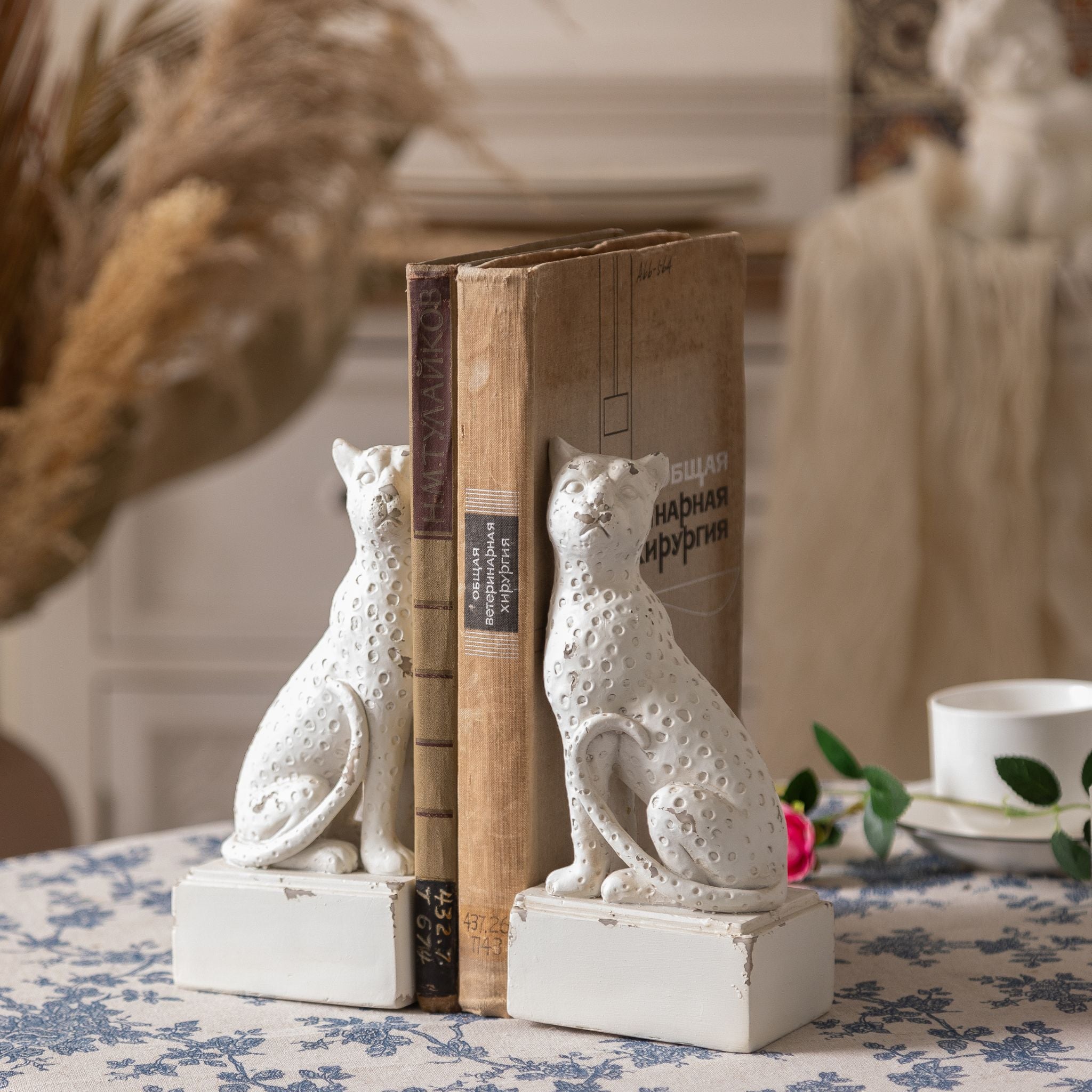 Amandine leopard bookends holding a row of vintage books on a table