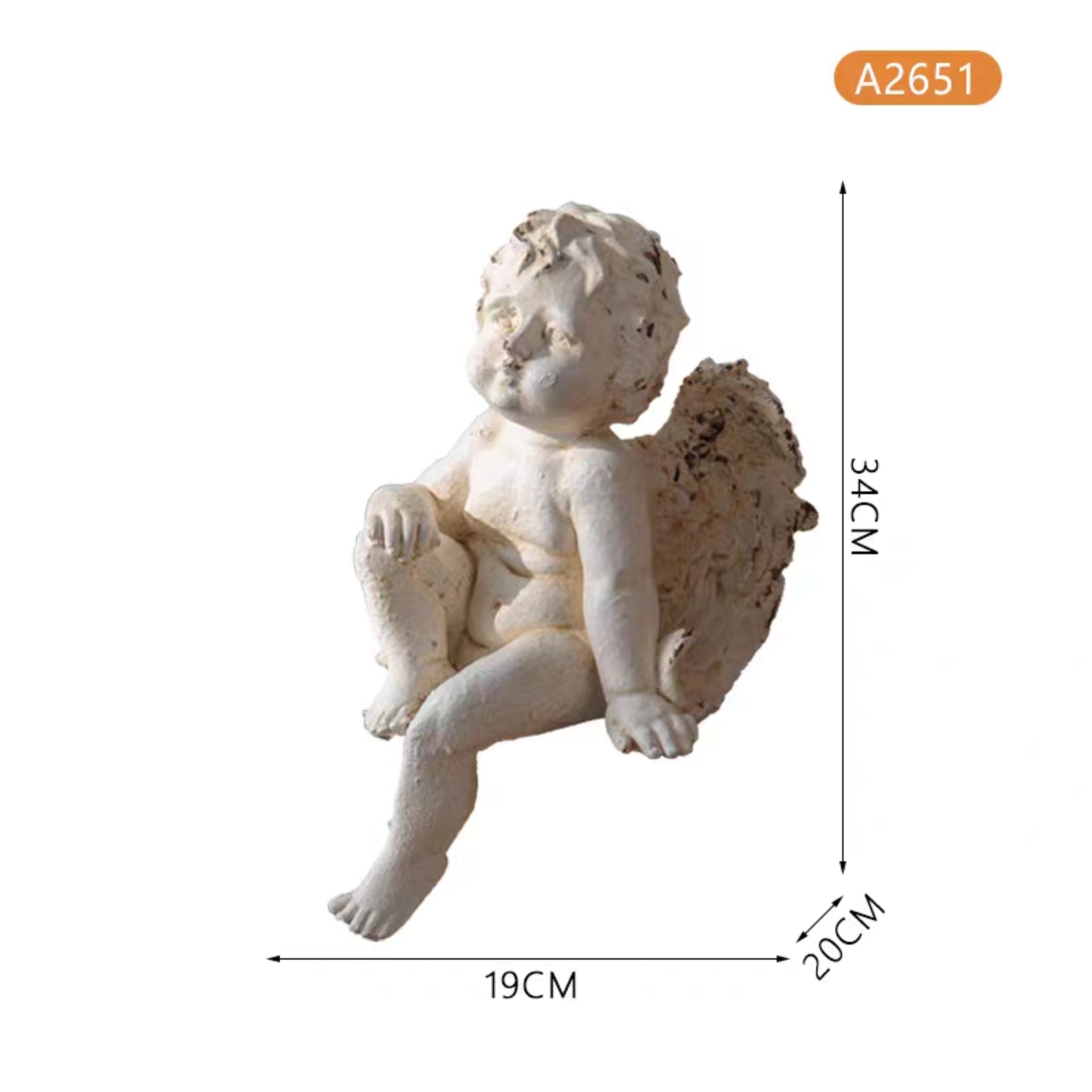 Antoine cherub figurine size diagram, 34 x 19 x 20 cm