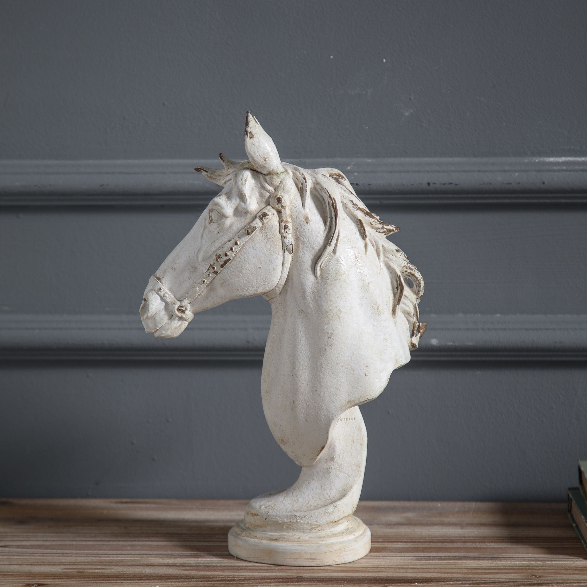 Reverse angle of Apollon horse head bust showing the sculpted mane from the opposite side and the distressed whitewash finish on the pedestal base