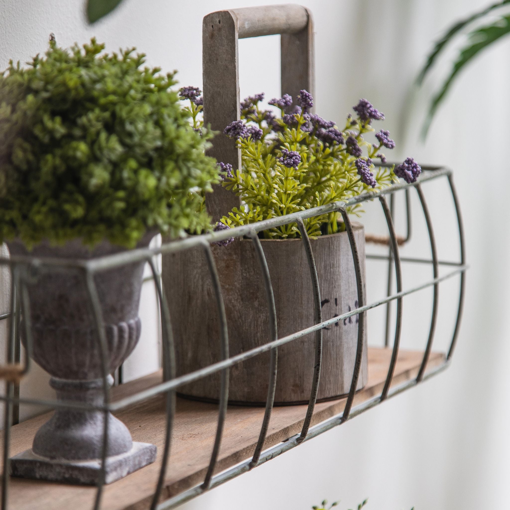 Aurelie wire basket close-up of the timber handle and potted plants inside