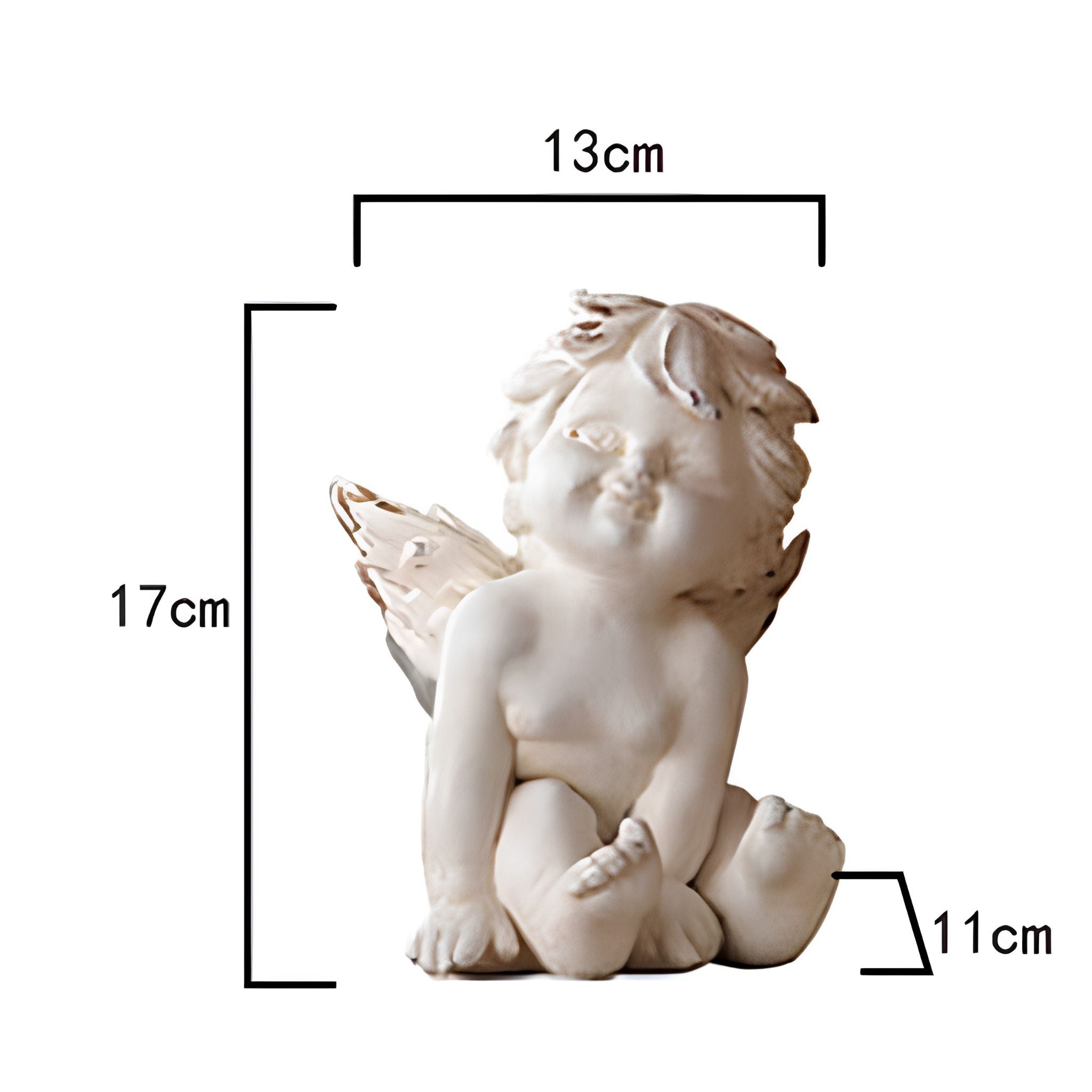 Bastien cherub figurine size diagram, 17 x 13 x 11 cm