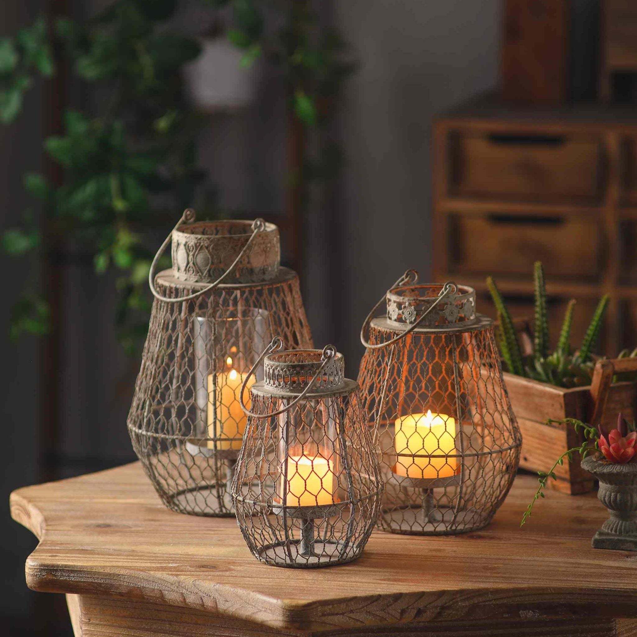 Berenice, the small wire cage lantern at front, shown with the large Martine and medium Louise. Each sold separately.