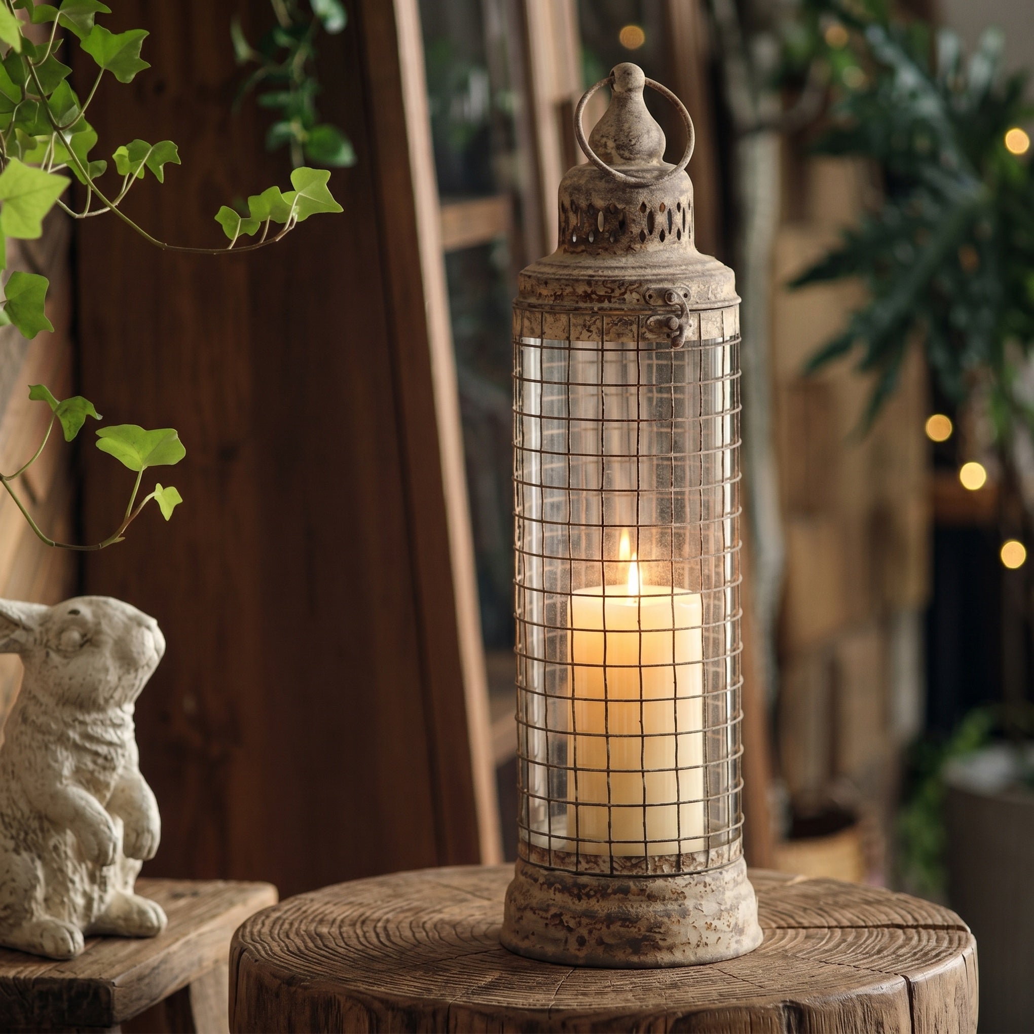 Elliott French Provincial lantern in weathered grey aged metal, wire grid cage over a clear glass hurricane sleeve, lit pillar candle inside, on a timber table.