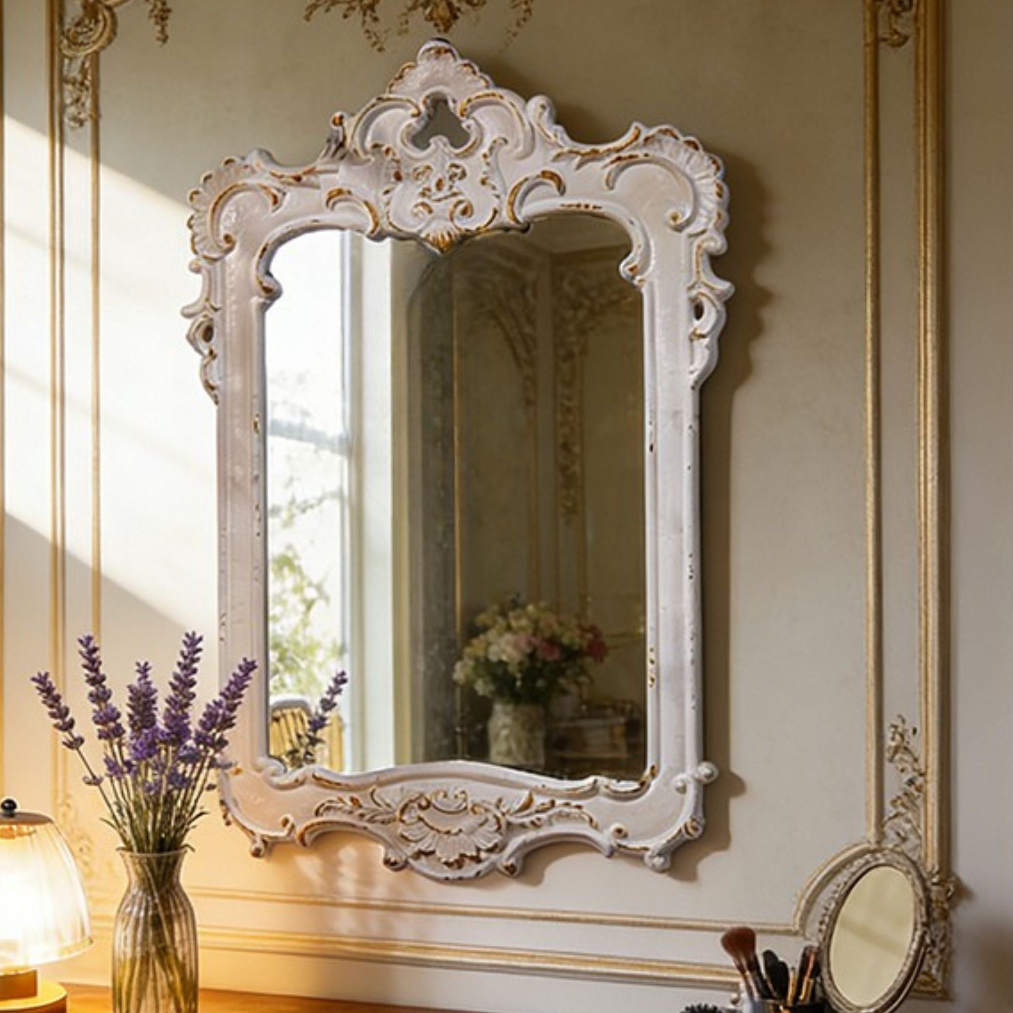Full-frame view of the Chambord Baroque wall mirror showing the matched sculpted cartouche crown and base, scrolling acanthus side panels and shaped silhouette