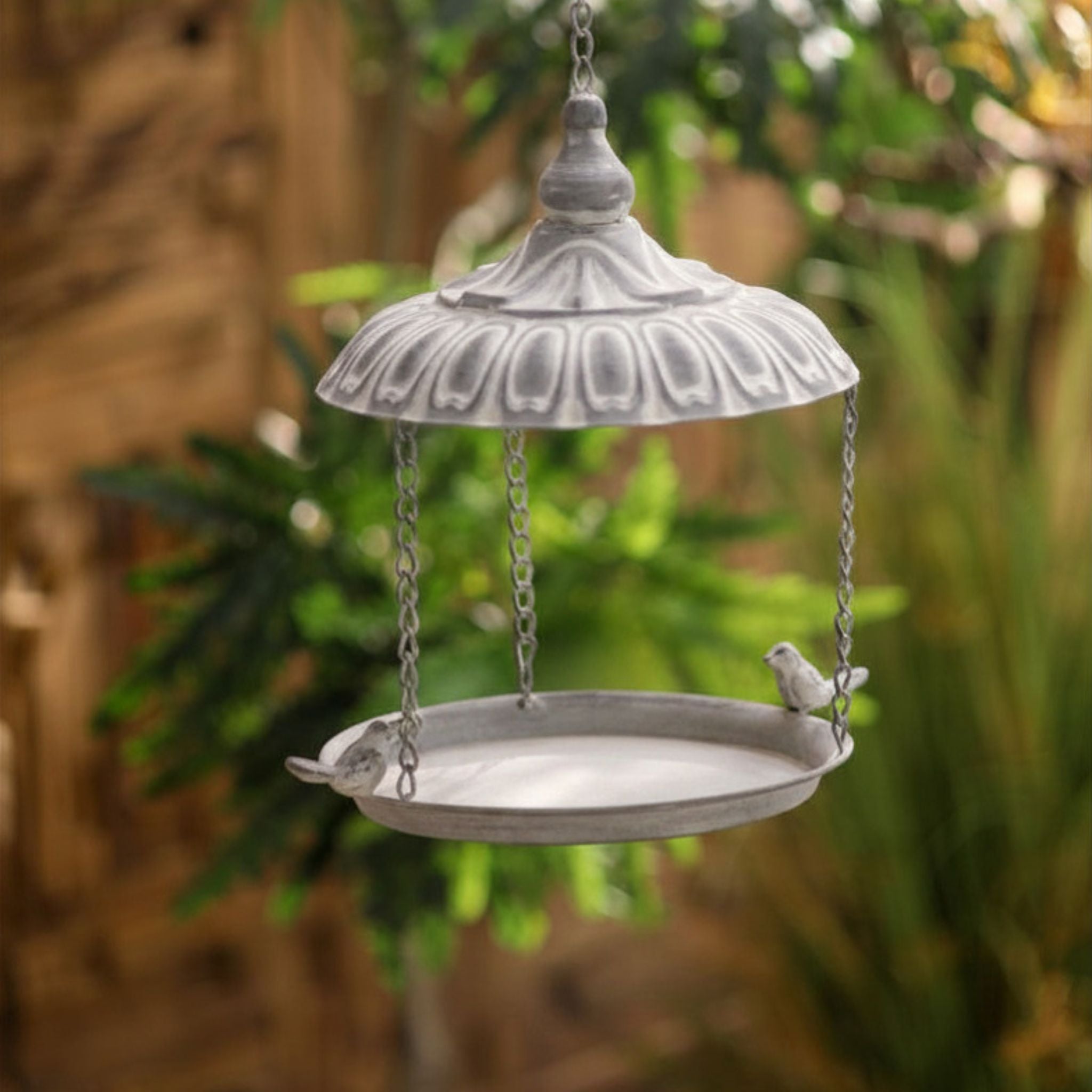 Dannielle hanging bird feeder with birds on the rim, hung outdoors against greenery.