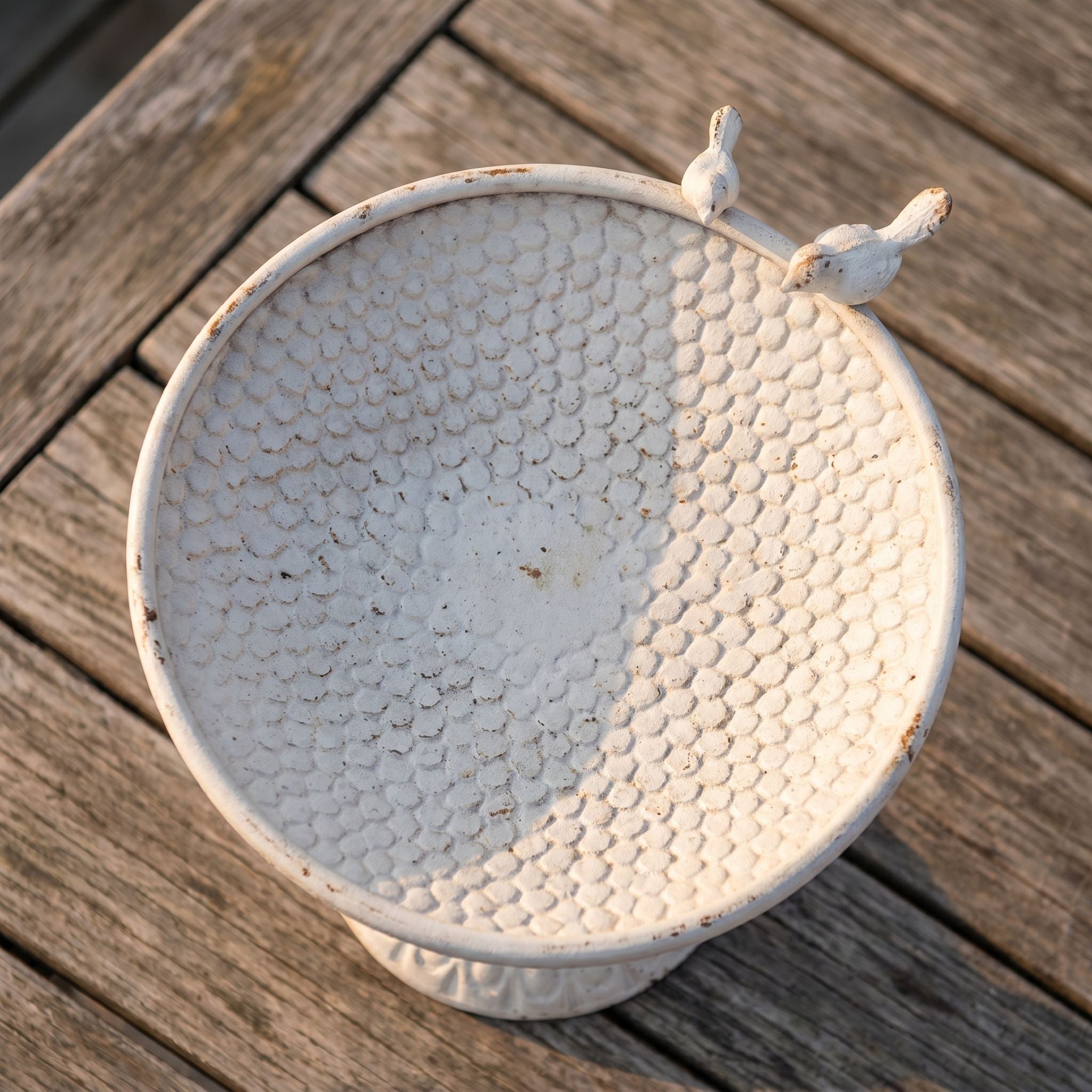 Top view of the Thibault bird bath showing the scale-textured bowl and birds on the rim.