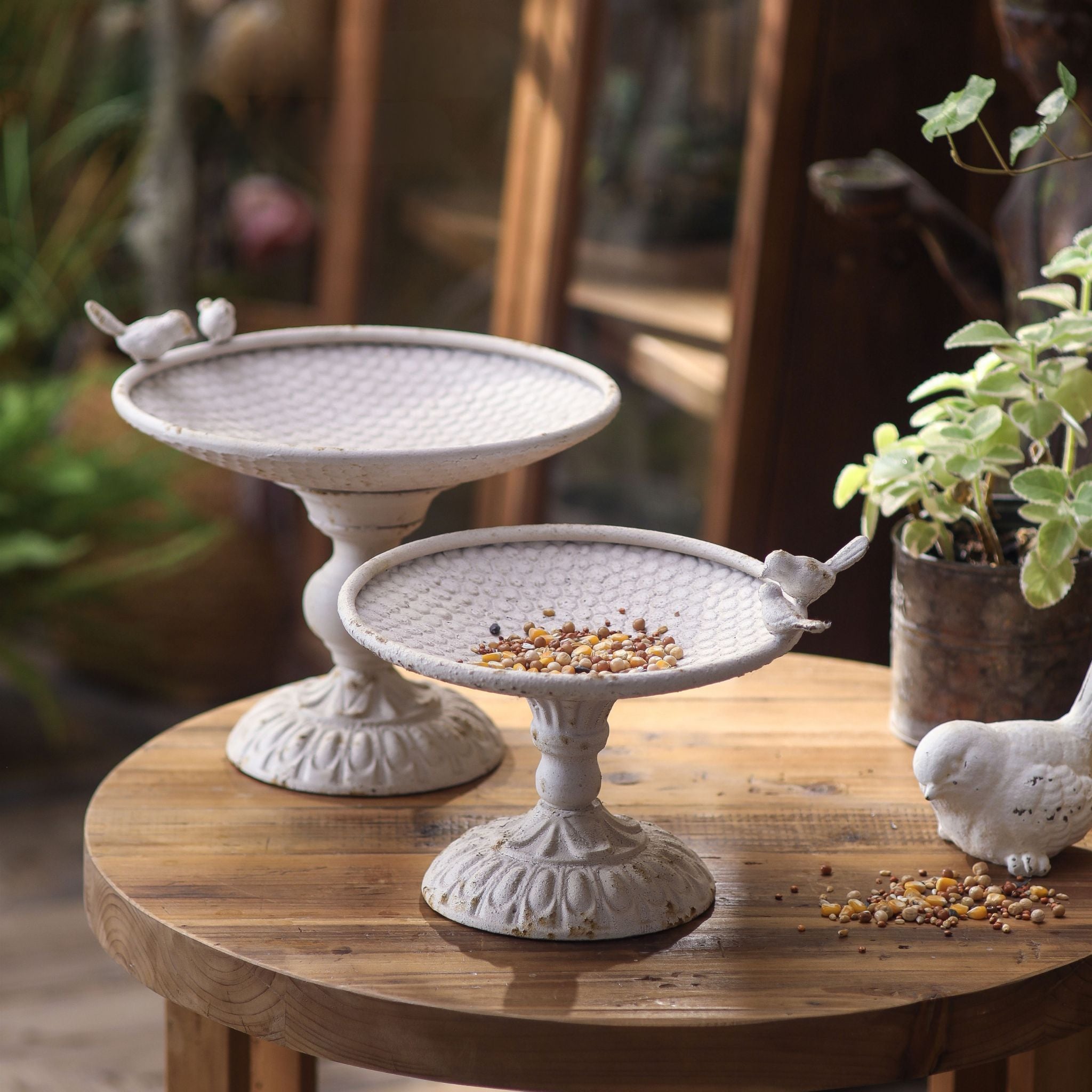 Thibault and the smaller Gerard bird bath styled together on a table with a potted plant.