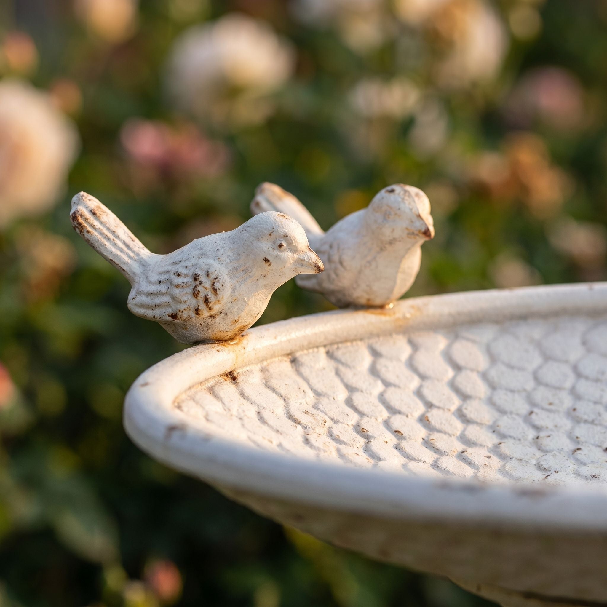 Close-up of the two cast birds perched on the rim of the Thibault bird bath.