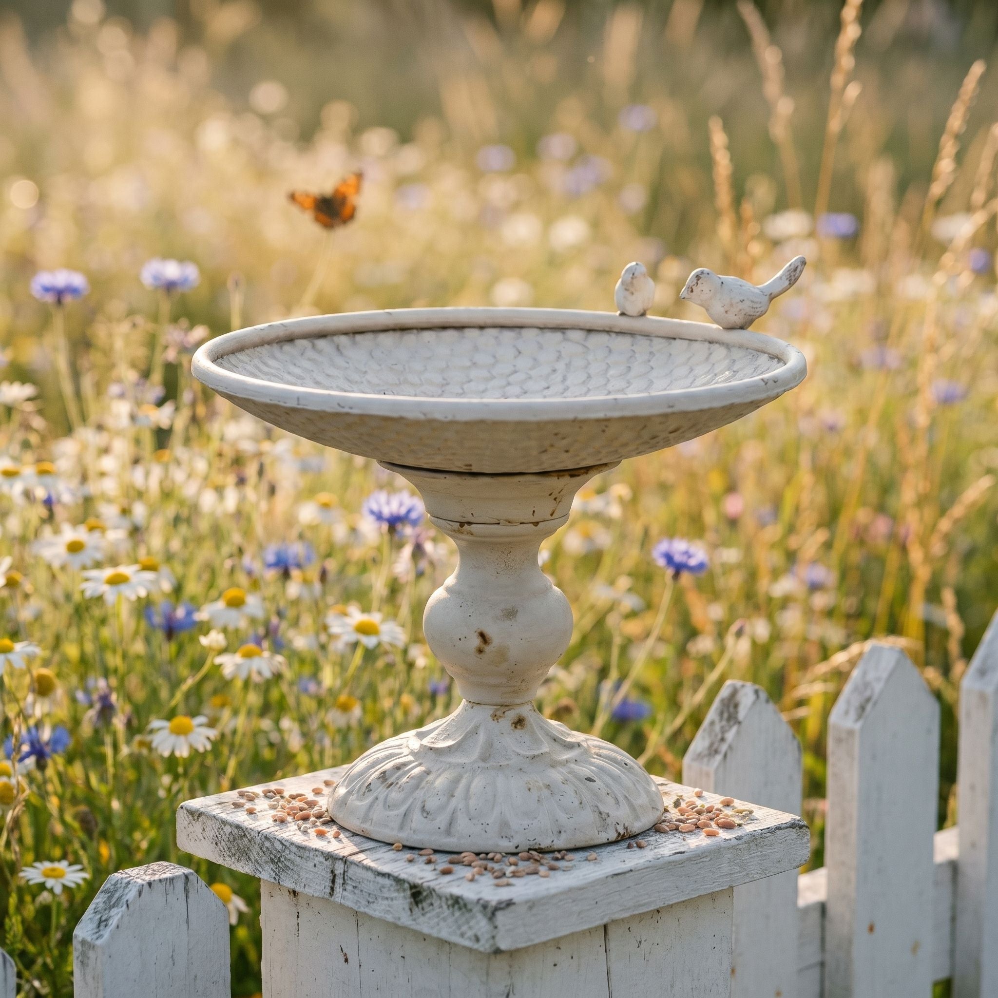 Thibault distressed white bird bath on a fence post in a wildflower meadow, birds perched on the rim.
