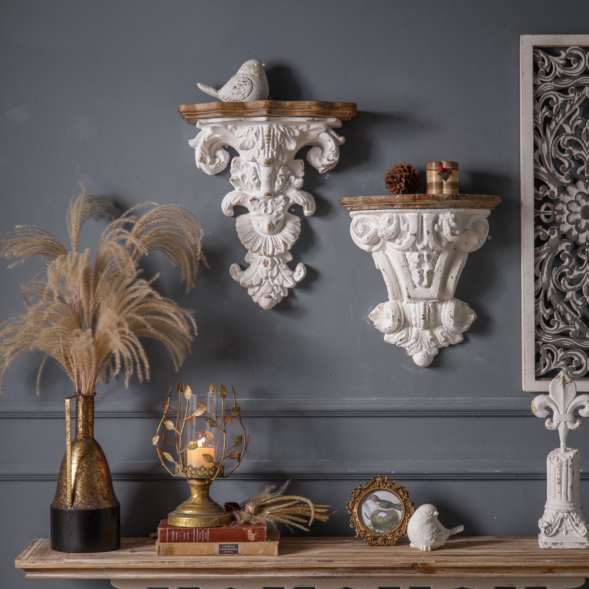 Elise tall corbel shelf on the left shown alongside the wider Séverine corbel on the right, demonstrating staggered wall pair styling