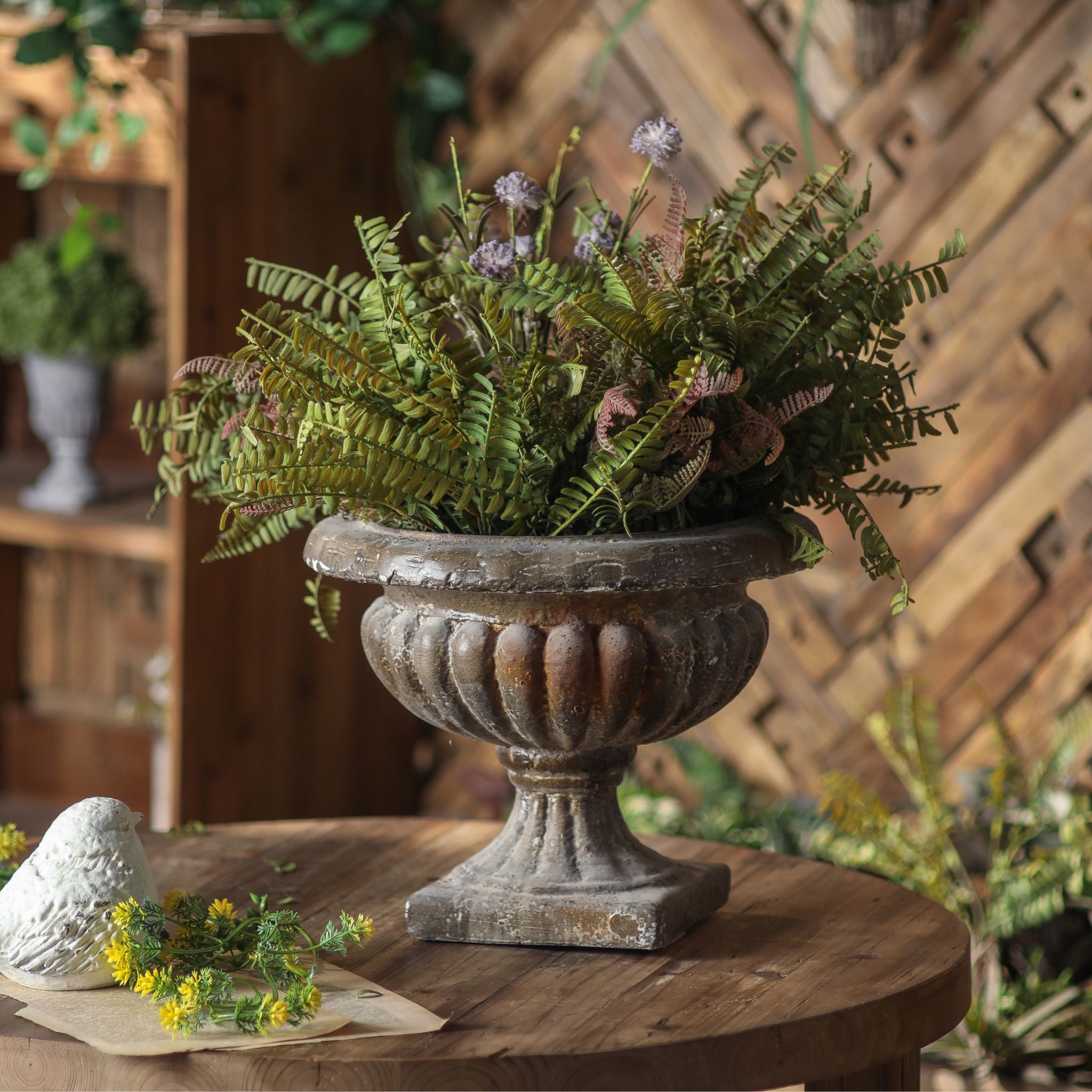 Évangéline French Provincial compote urn planter in dark weathered patina, planted with ferns on a timber table. 