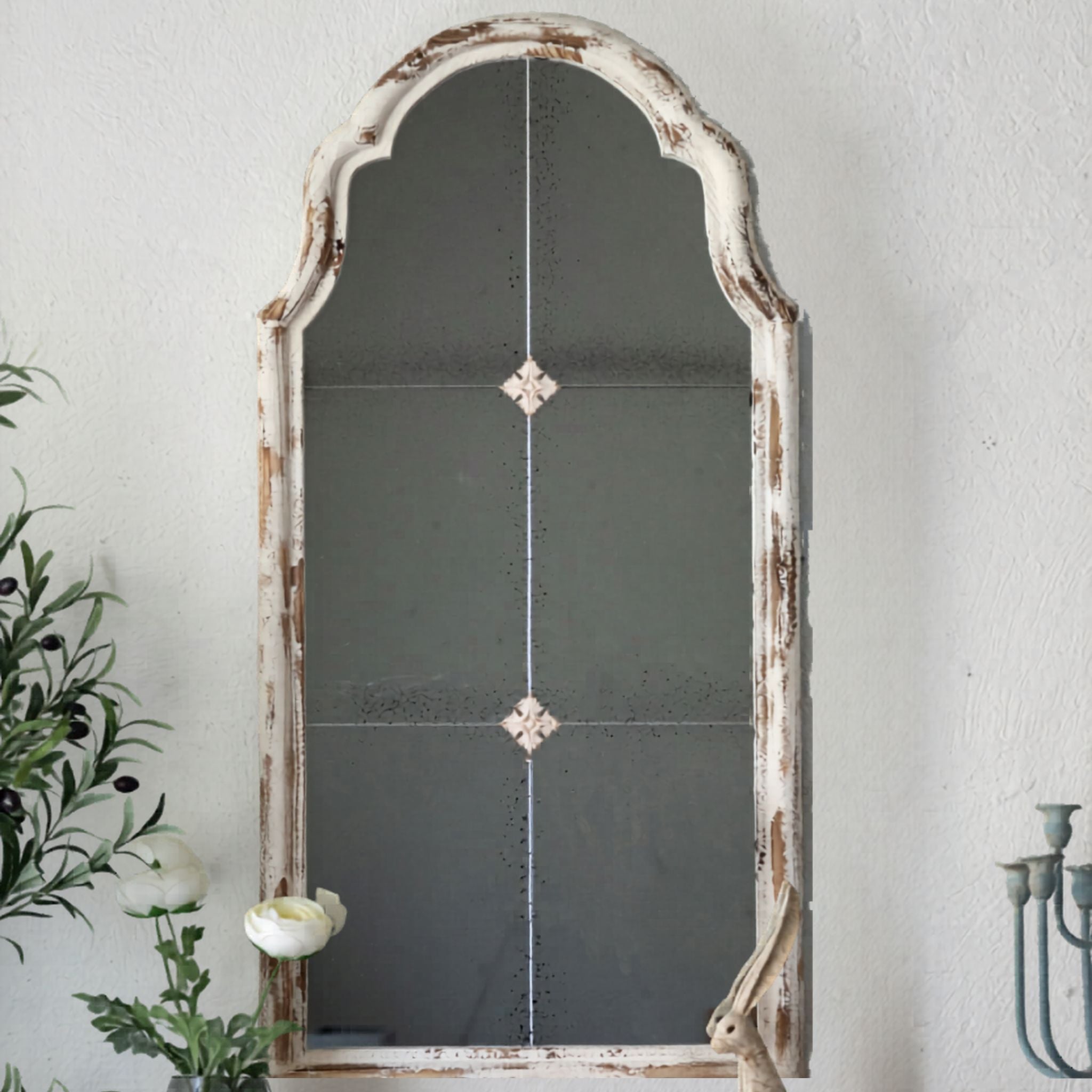 Marion French Provincial arched mirror with antiqued glass and a distressed white timber frame