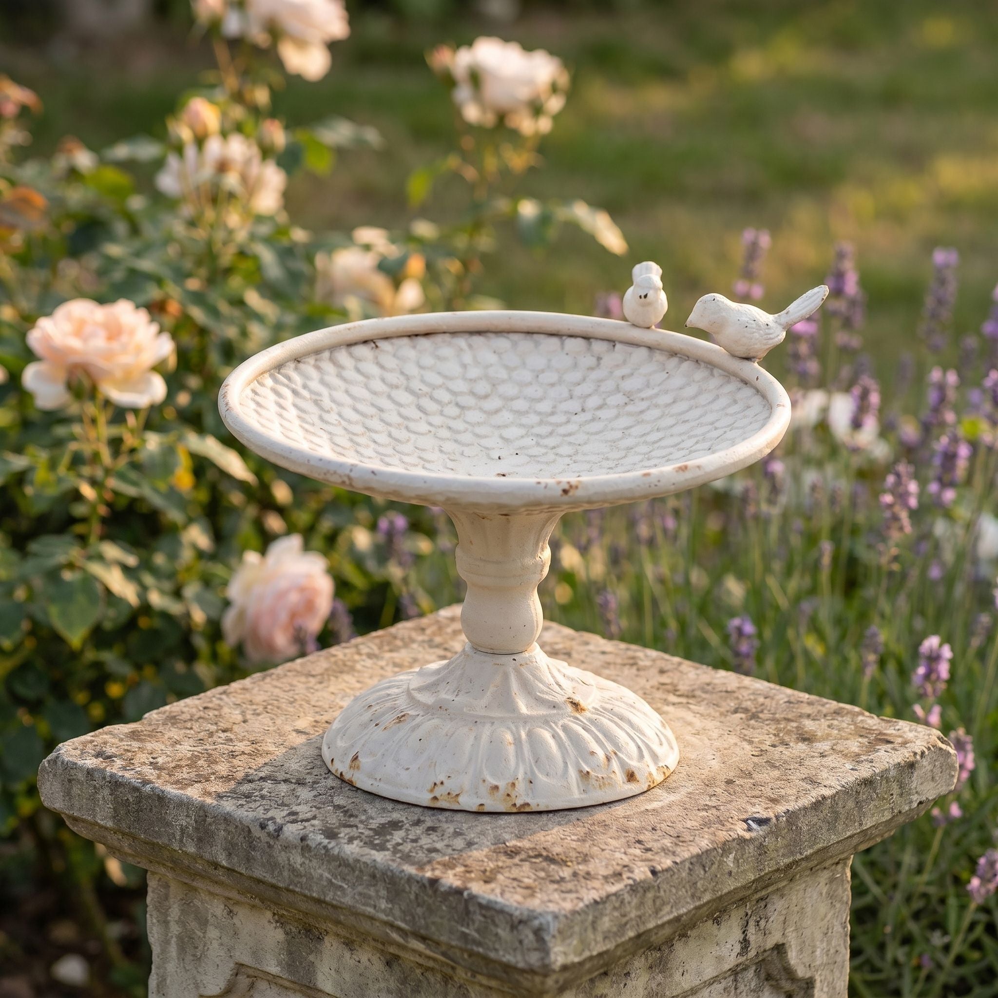 Gerard distressed white pedestal bird bath with two perched birds on the rim, on a stone pedestal among roses and lavender.