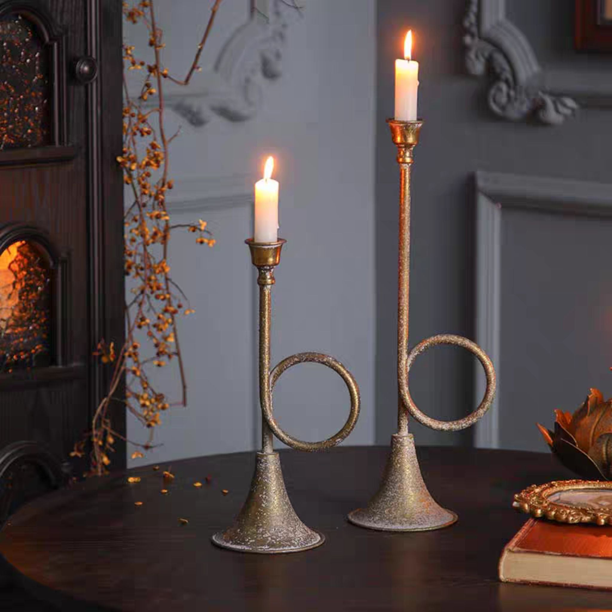 Renée shown beside the taller Arnaud holder, both lit, sizes sold separately