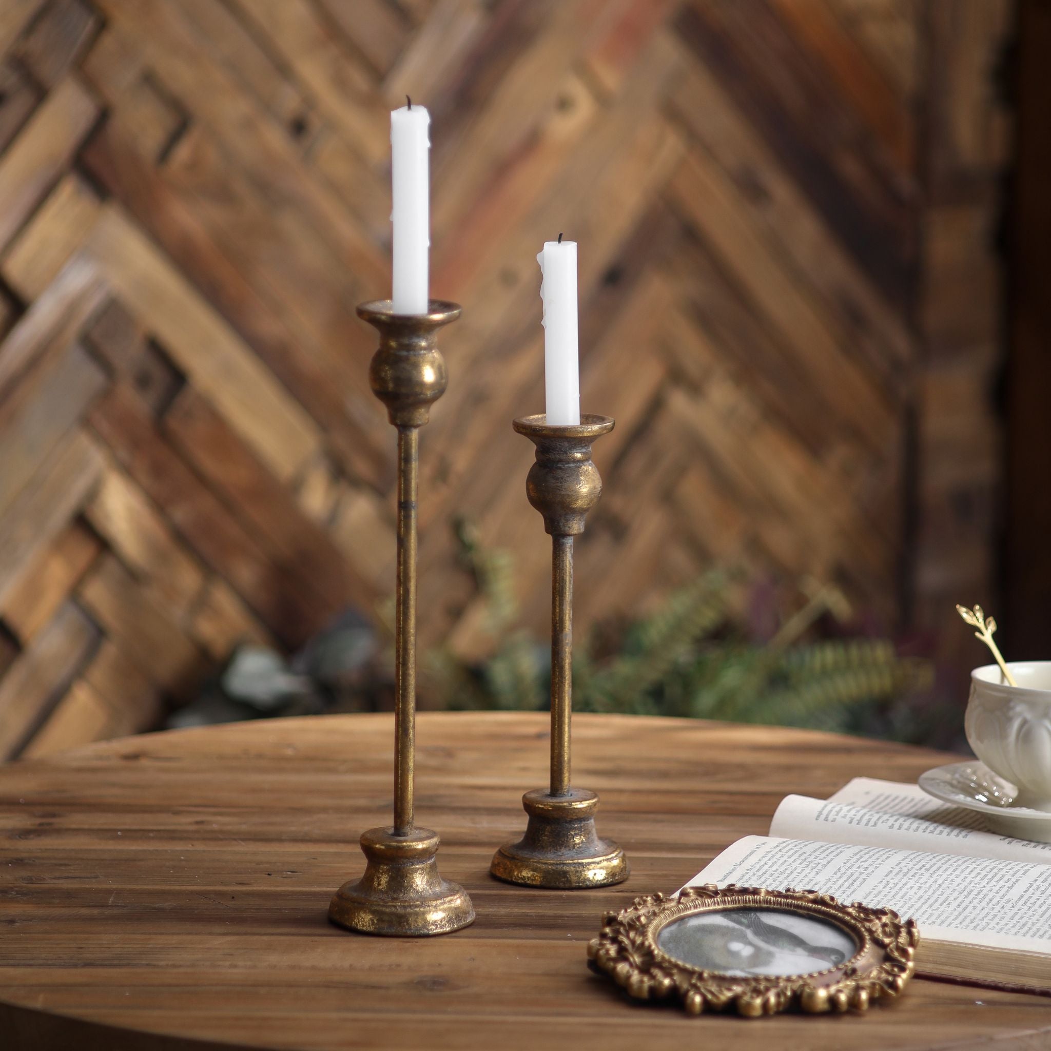 Karine taper candlestick set showing the taller and shorter holders together
