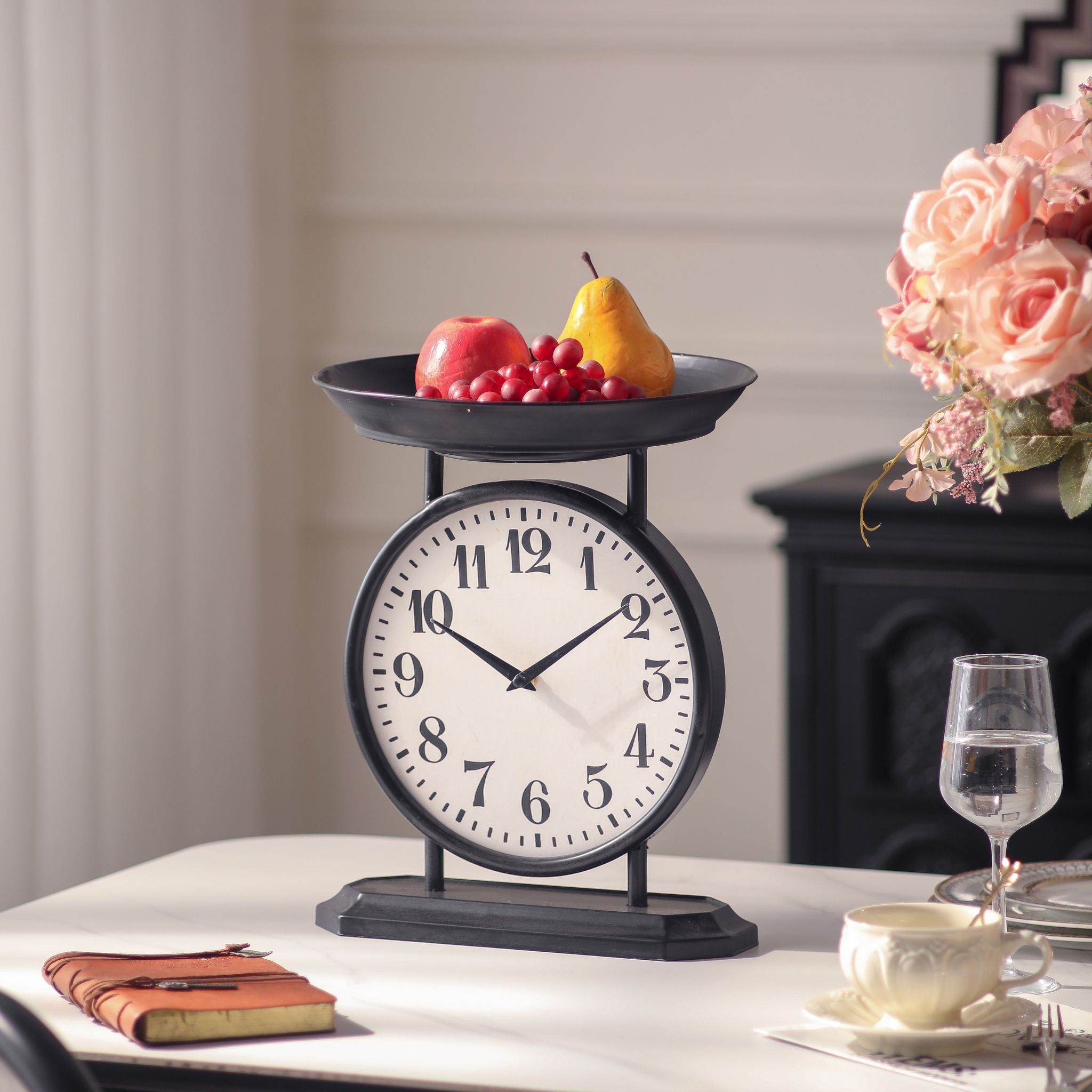 Patricia scale table clock styled on a dining table with fruit in the tray