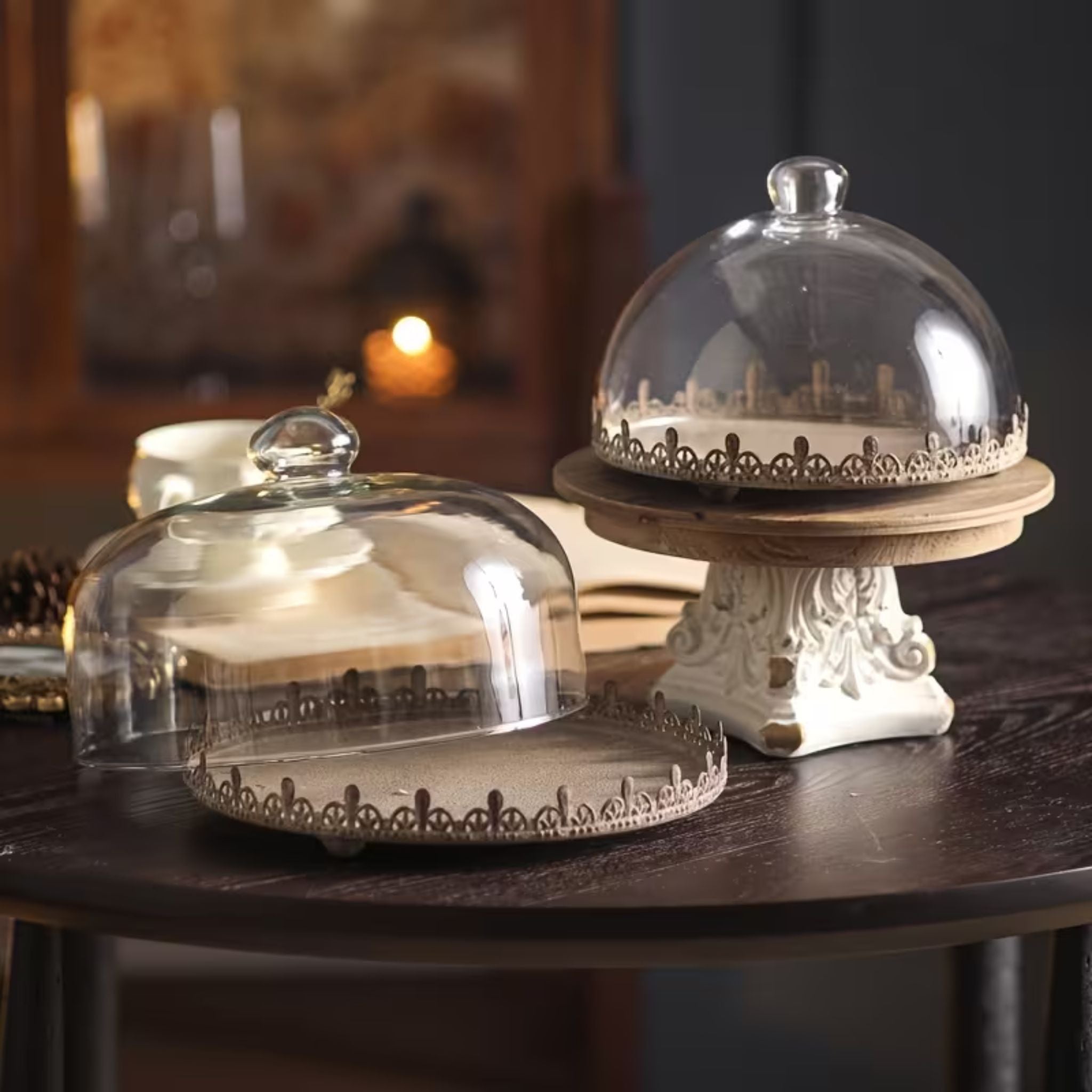 Honorine glass cake dome lifting from its footed metal tray, distressed antique gold pierced edge