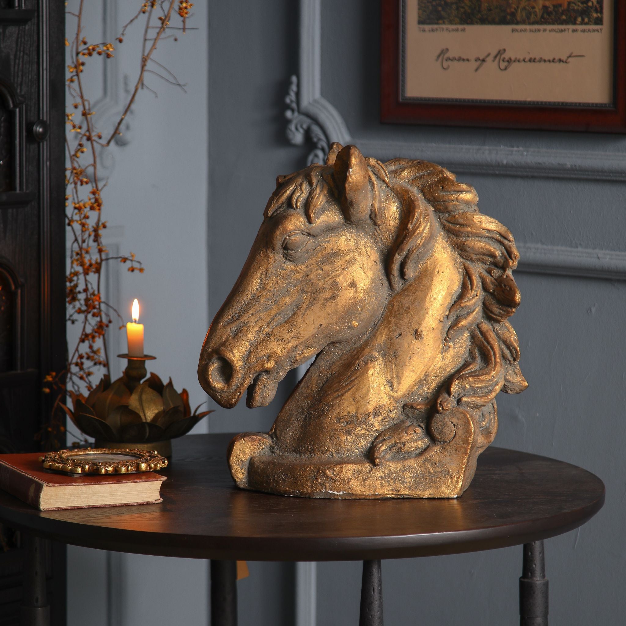 Bayard antique gold horse head sculpture in profile, distressed gilt equestrian bust