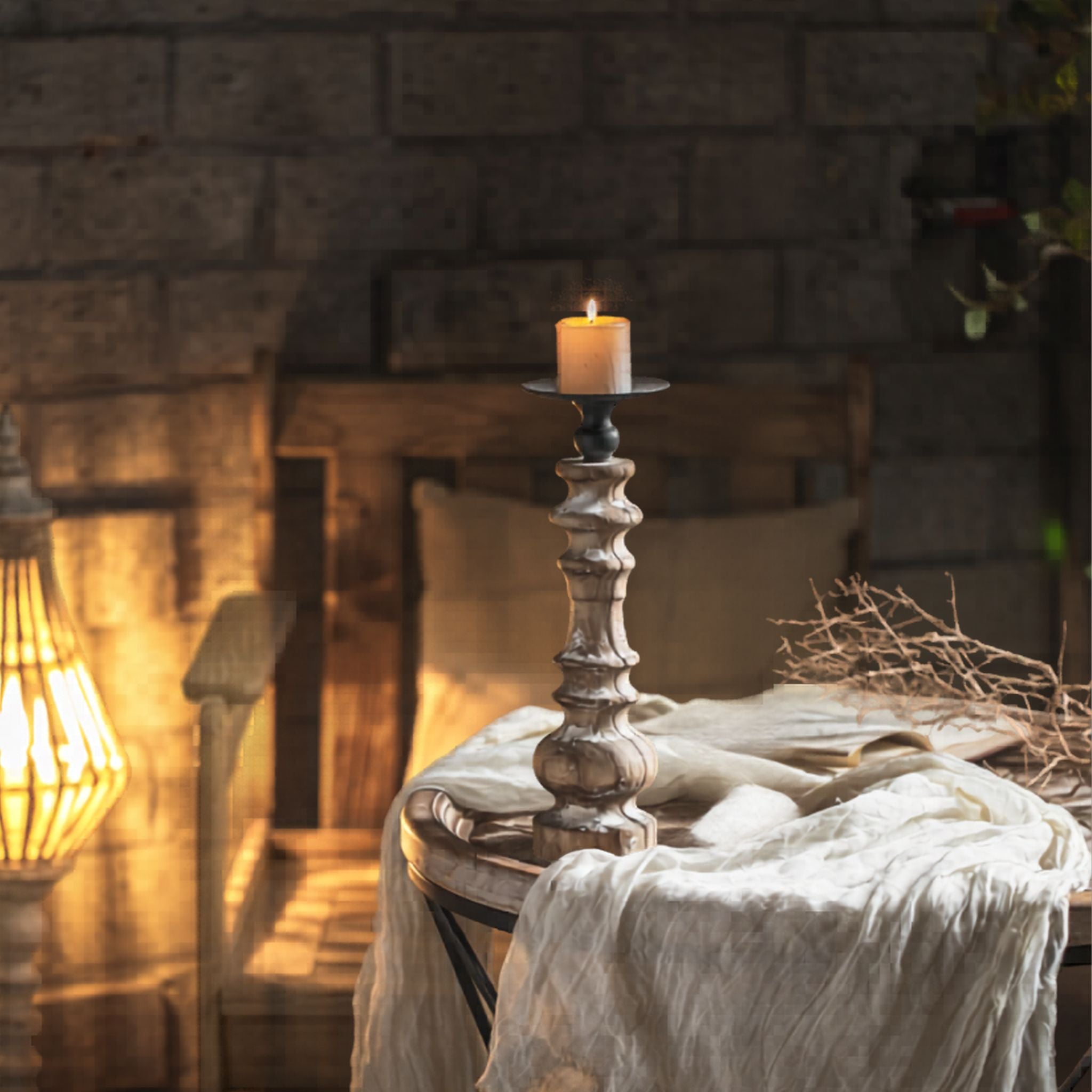 Jean turned-timber pillar candle holder shown with the empty aged metal dish, full height, distressed white finish.