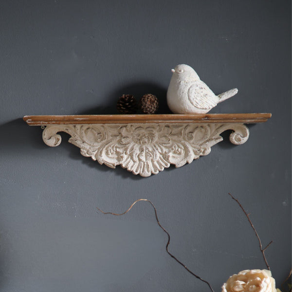 Jennifer French Provincial Wall Ledge Shelf, Distressed White Carved Floral Apron with Timber Top