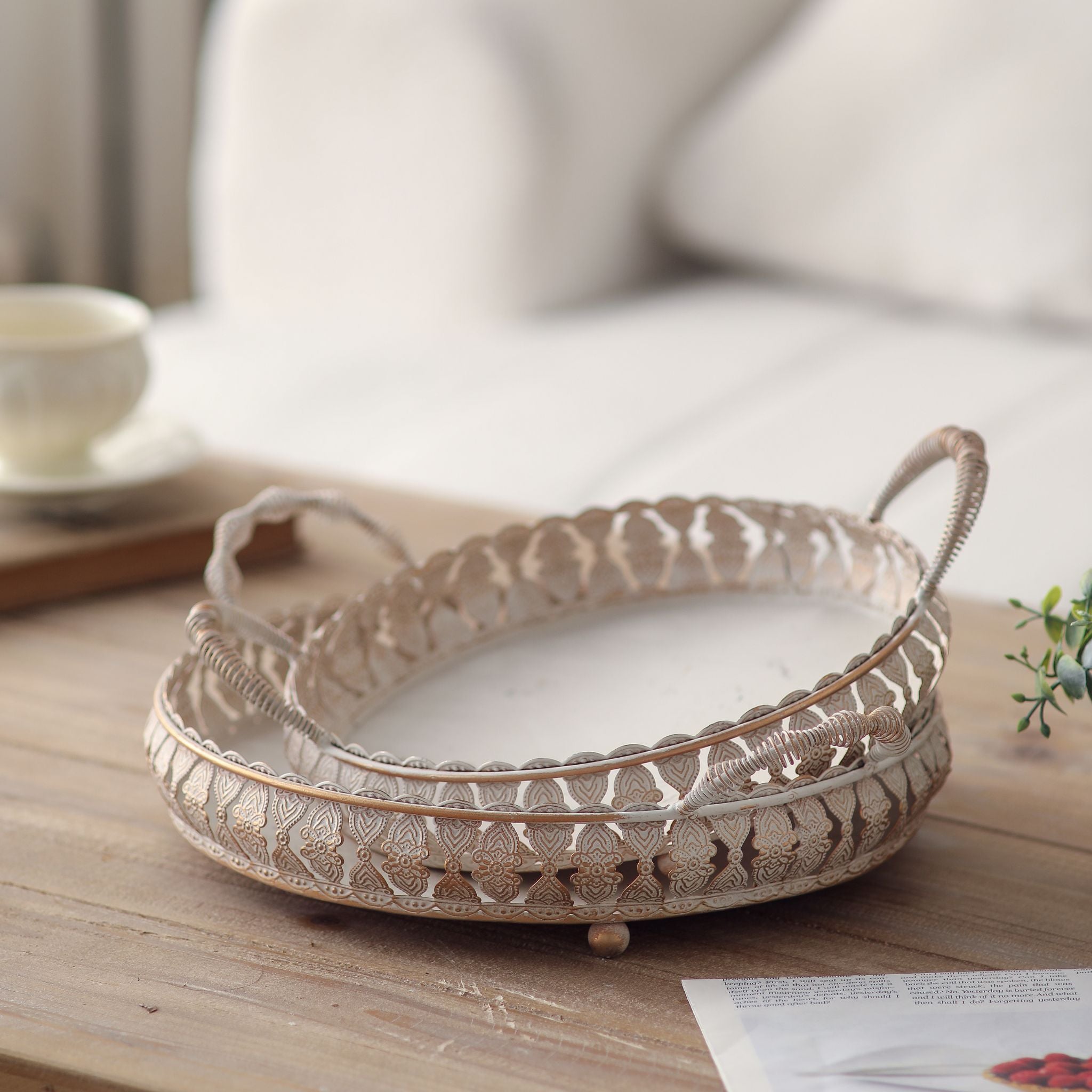 Jewel French Provincial set of two round handled trays with embossed gallery rail in whitewashed gold