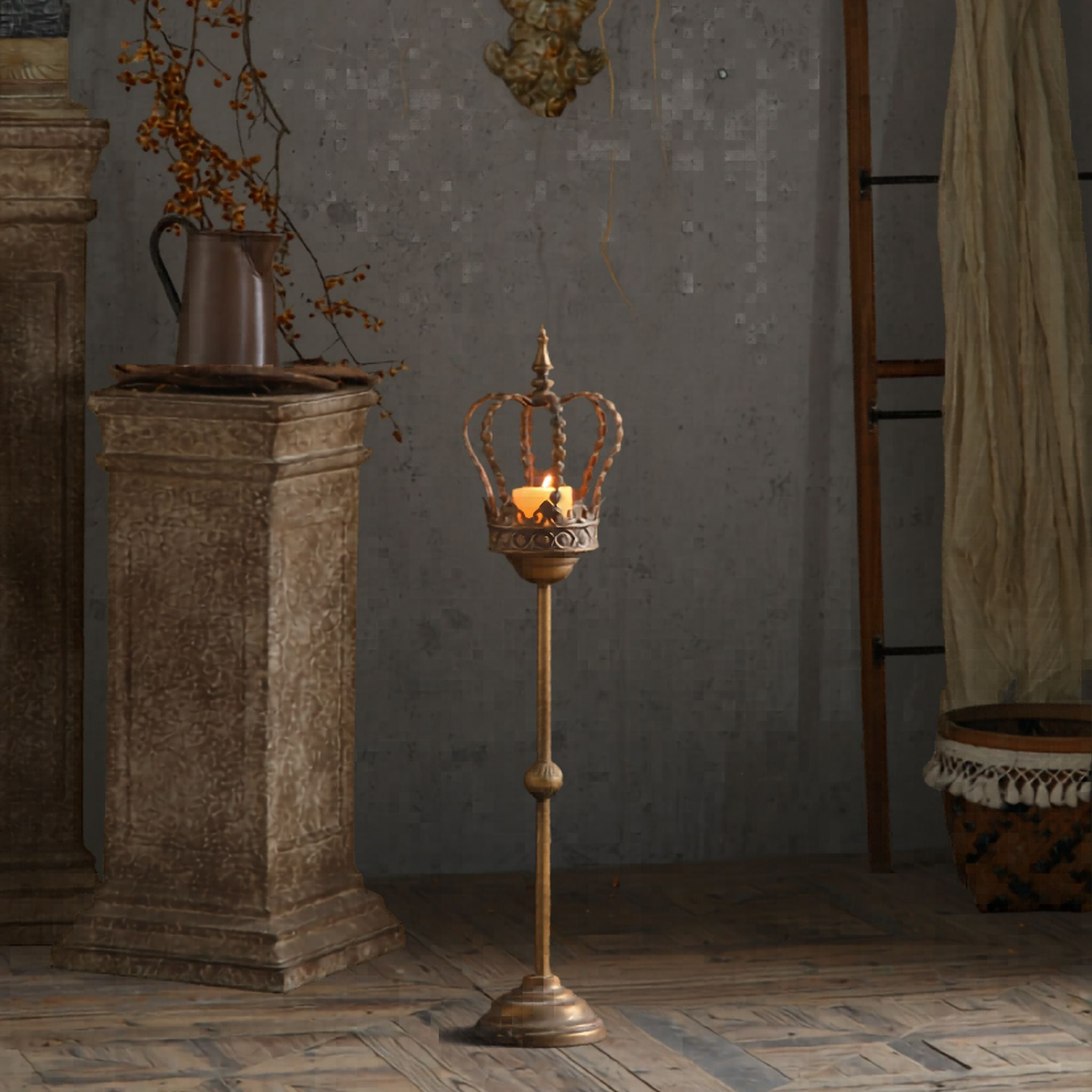 Tall aged metal crown candle stand on the floor with a glowing candle