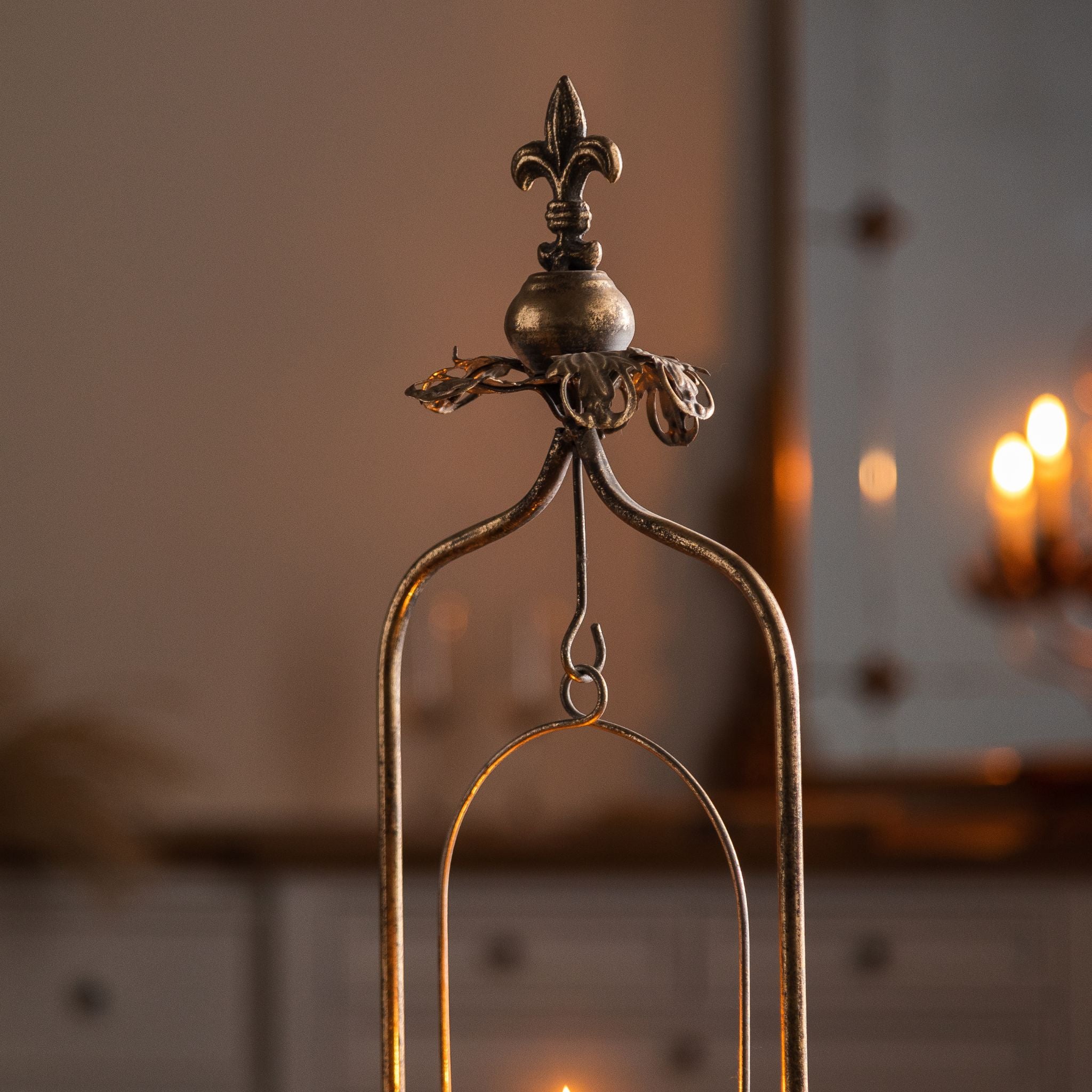 Close-up of the Julien fleur-de-lis finial, leaf collar and hanging hook in aged gold over a darker base.