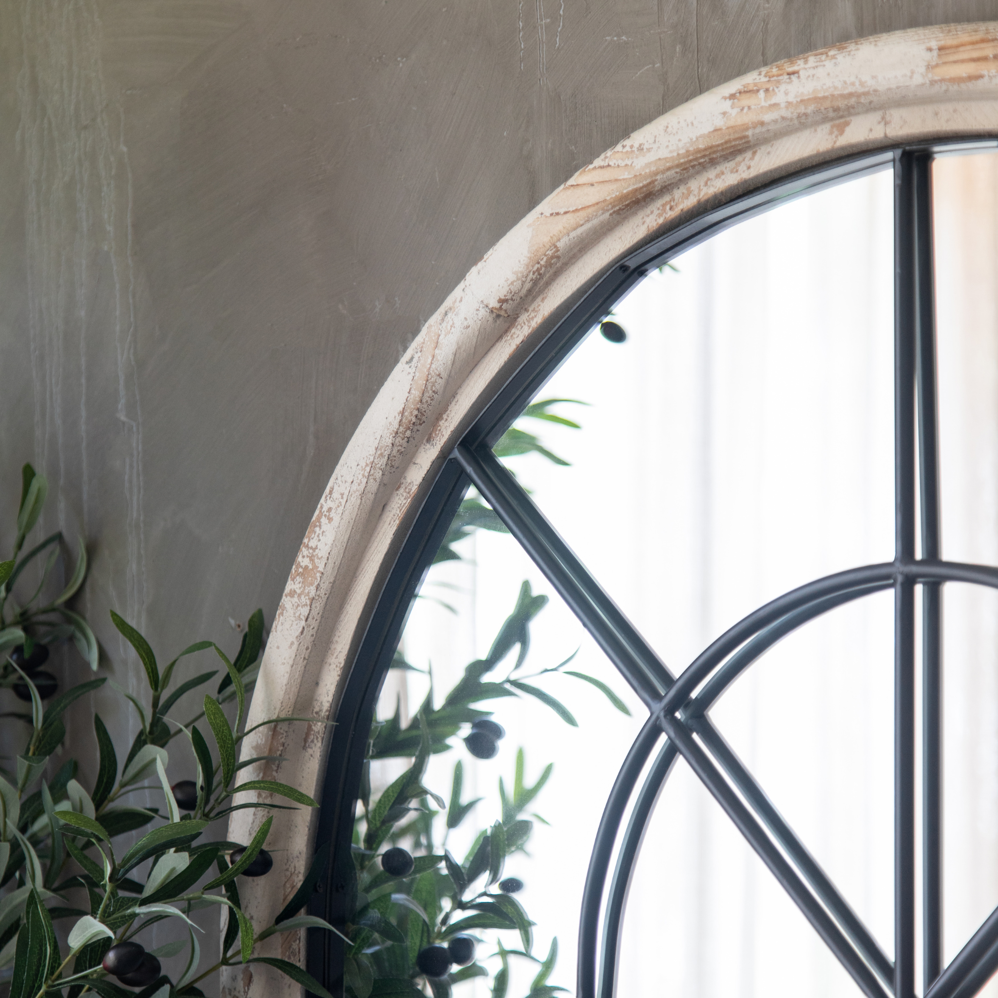 Distressed whitewashed fir timber arch detail of the Laurent floor mirror