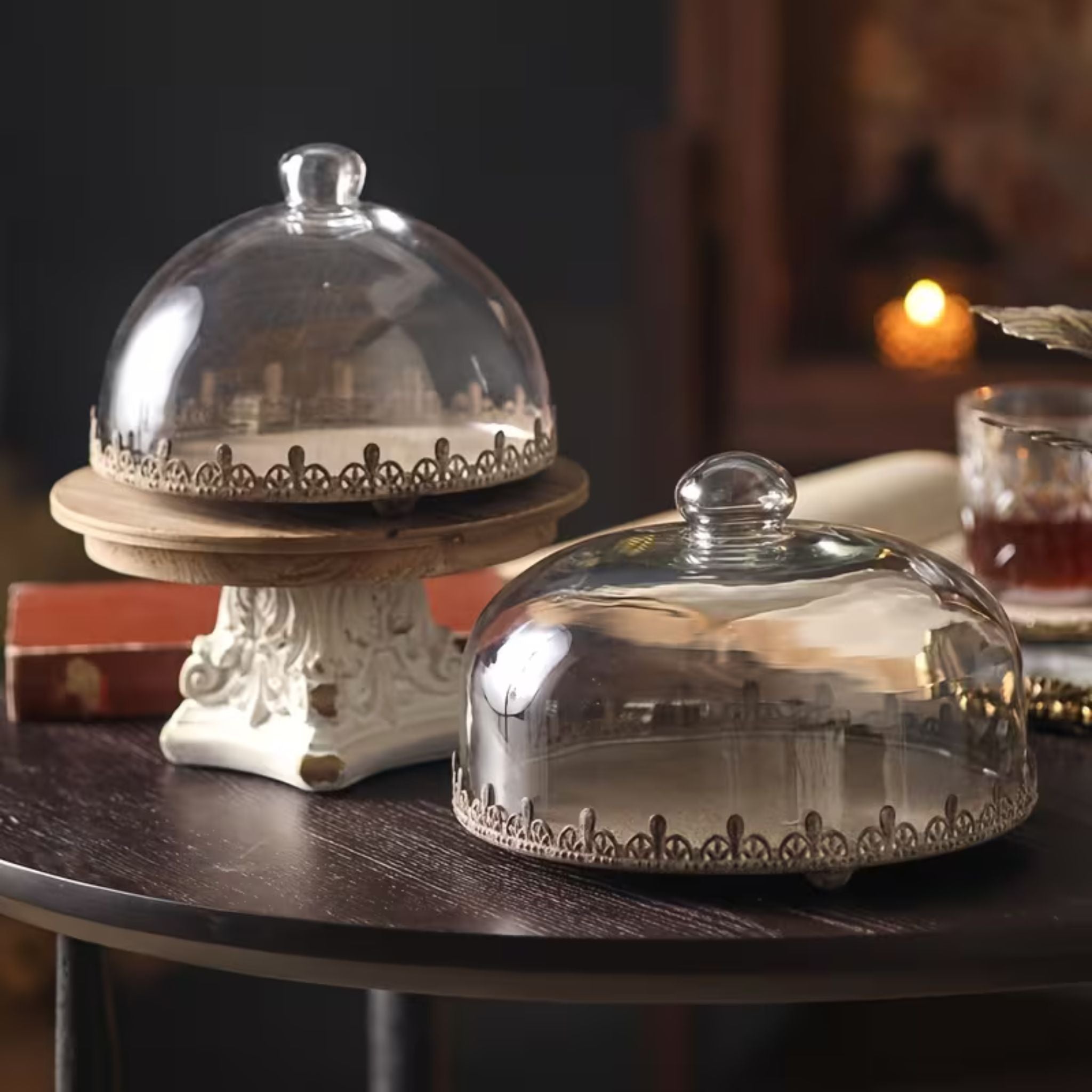 Lilou larger glass cake dome shown beside the smaller Honorine dome for size