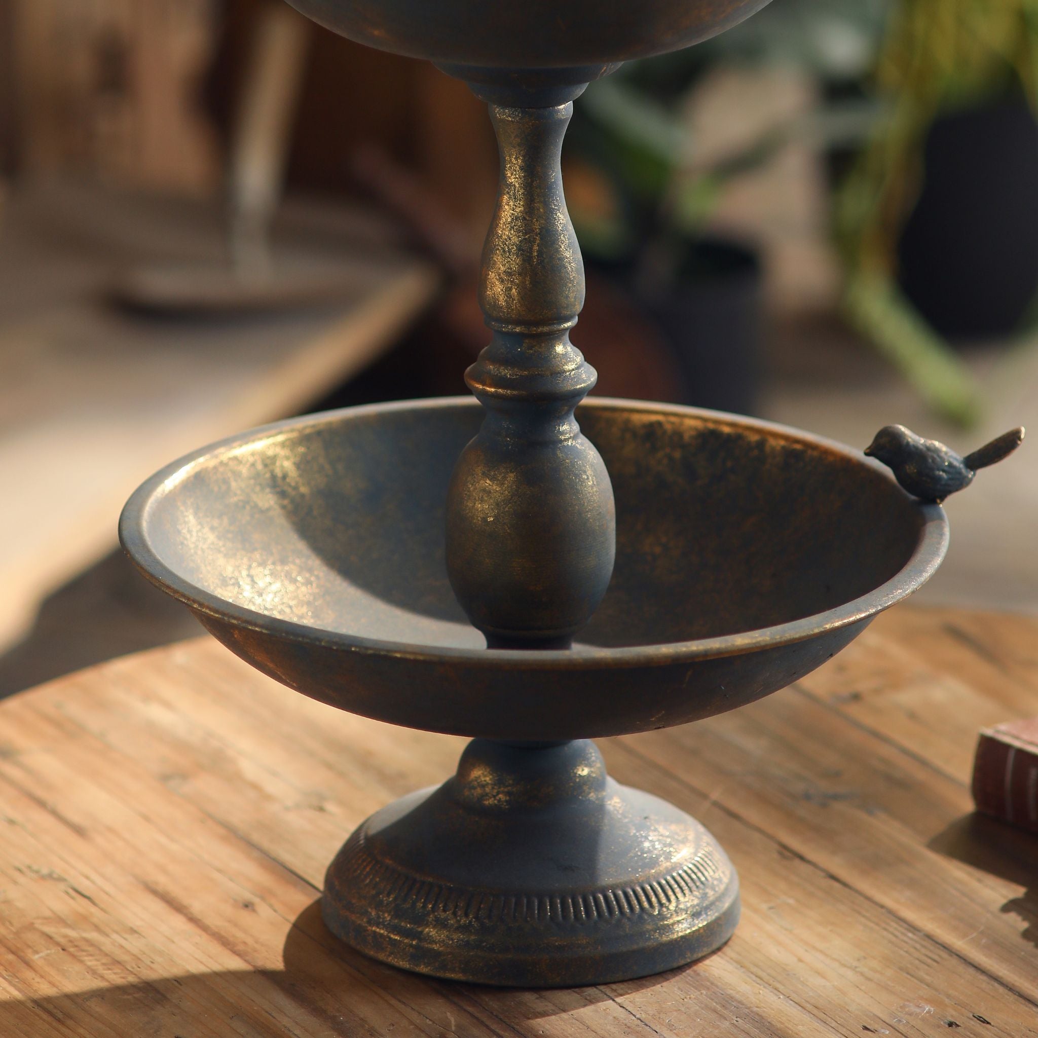 Lorraine two tier dish stand lower dish and central stem with a bird on the rim.