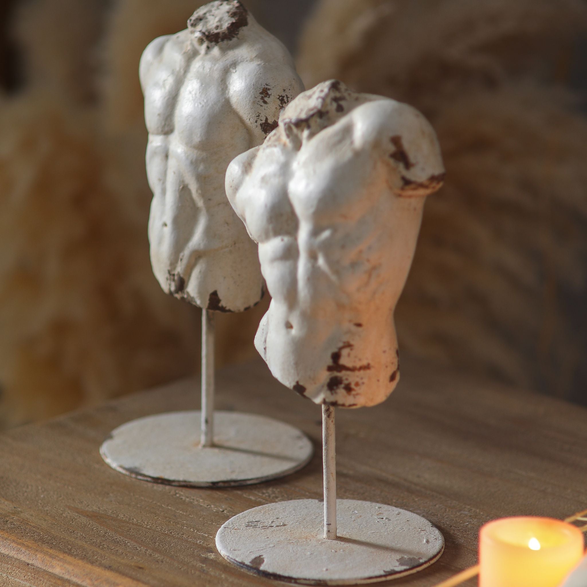 Close-up of Adonis showing antique whitewash breaking to terracotta over the chest and shoulder