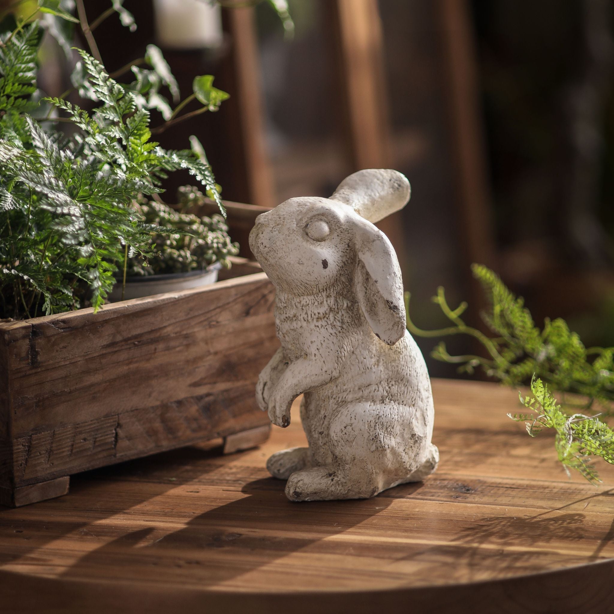 Marcel standing rabbit statue, 20cm, side view showing alert pose and aged whitewash finish