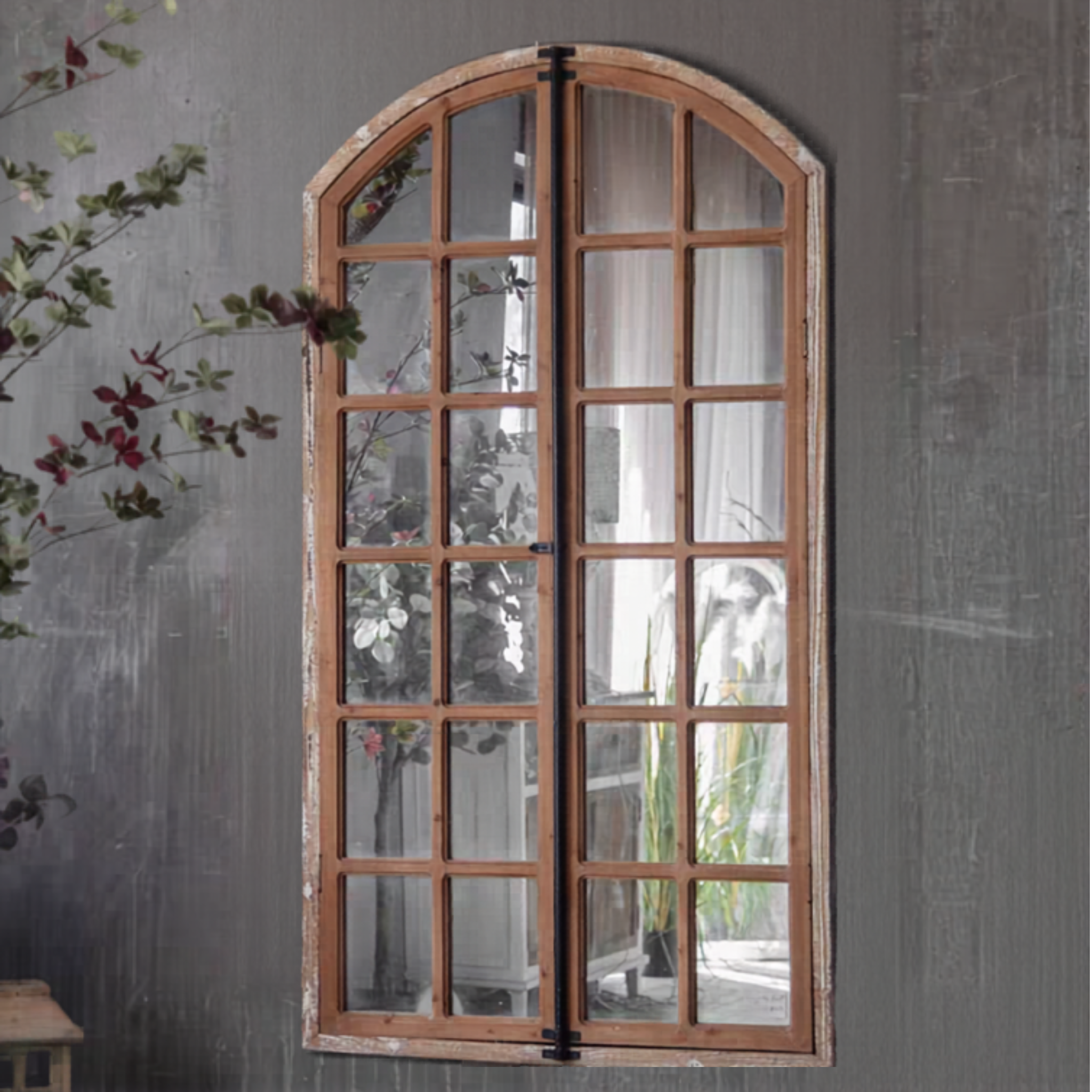 Mathieu French Provincial arch window mirror in natural fir timber styled on a grey wall