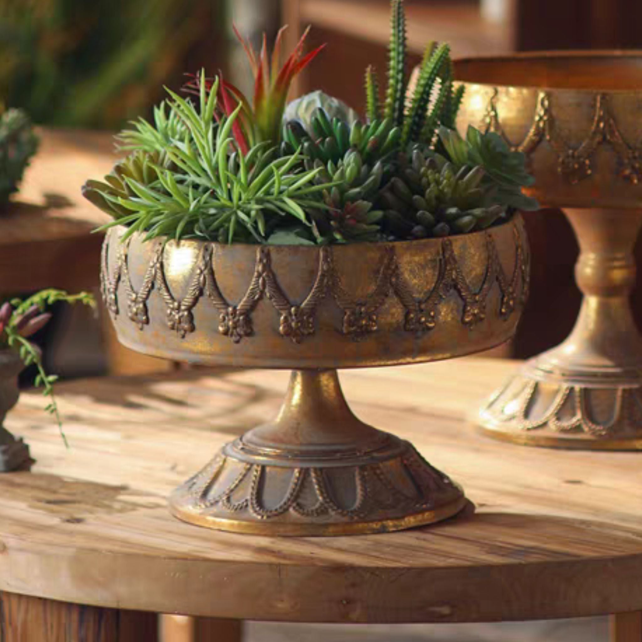 Mirabelle French Provincial footed compote bowl with draped swag relief and beaded pedestal foot in antique gold