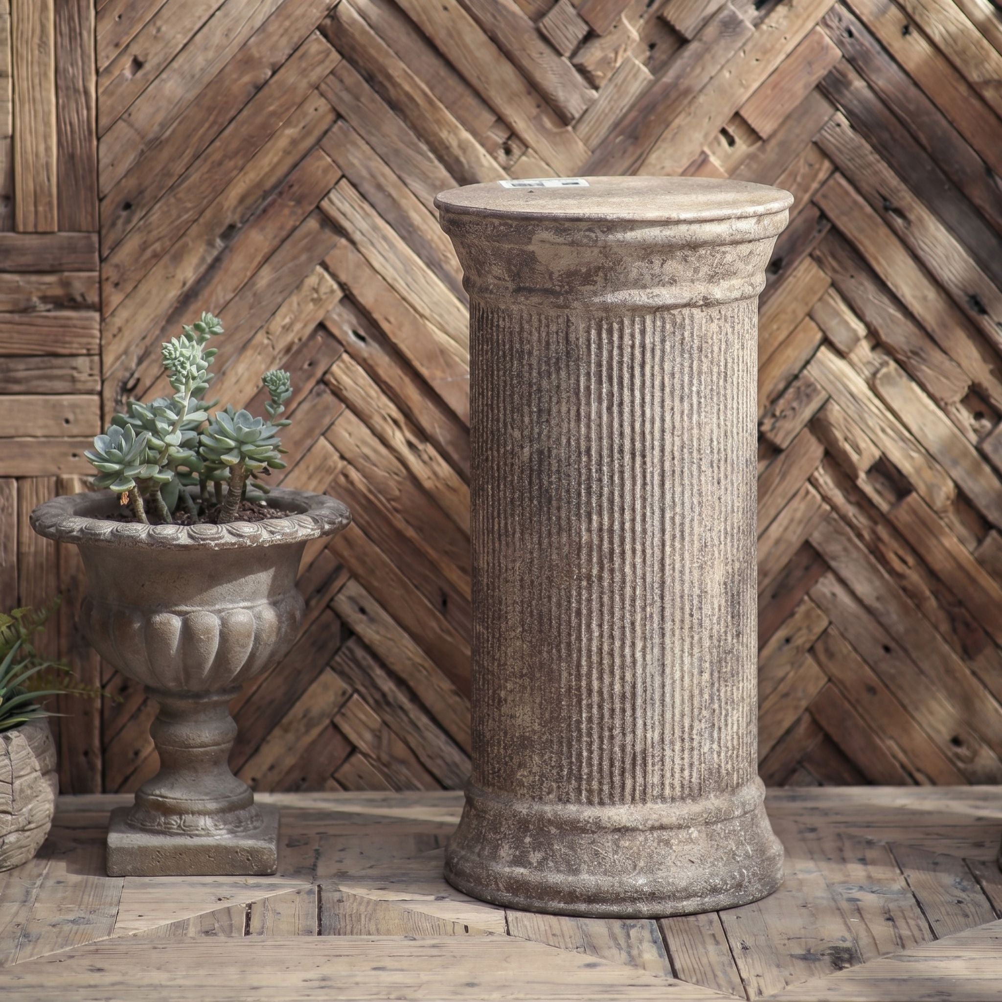 Mireille fluted column pedestal in weathered aged metal, French Provincial display plinth. Hero.