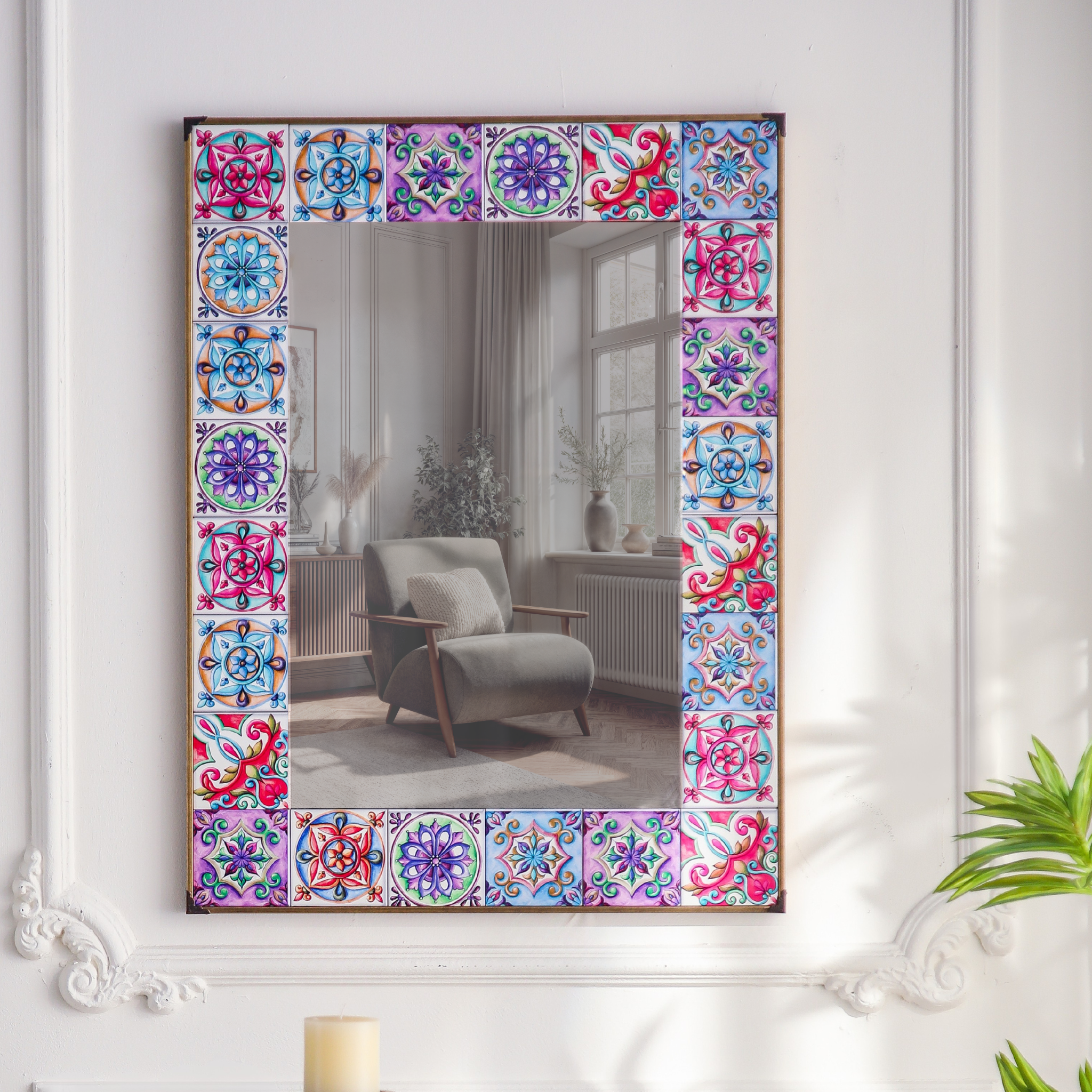 Mireille hand-painted watercolour tile wall mirror front view on white panelled wall