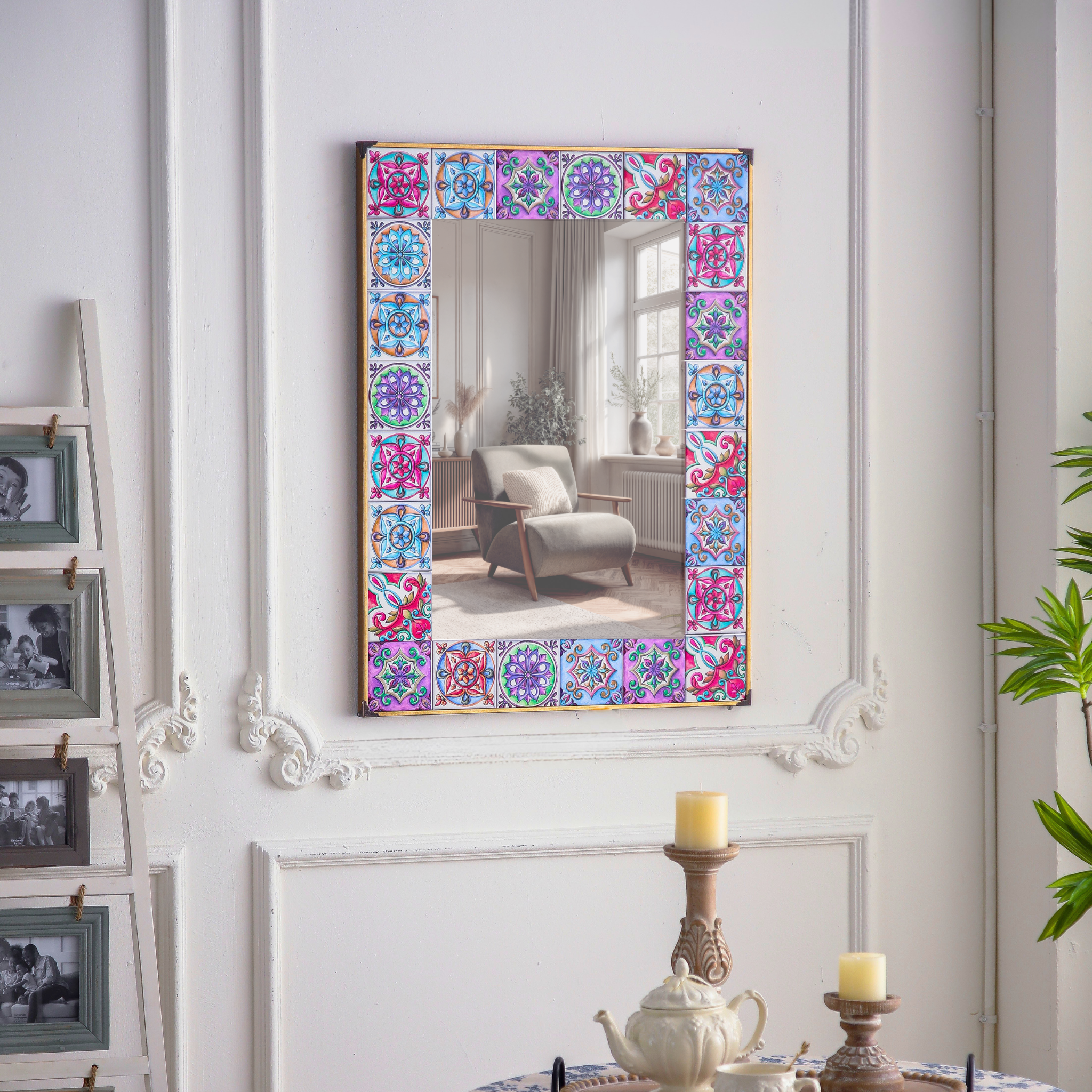 Mireille French country wall mirror full view of forty-eight hand-painted ceramic tiles in jewel watercolour tones