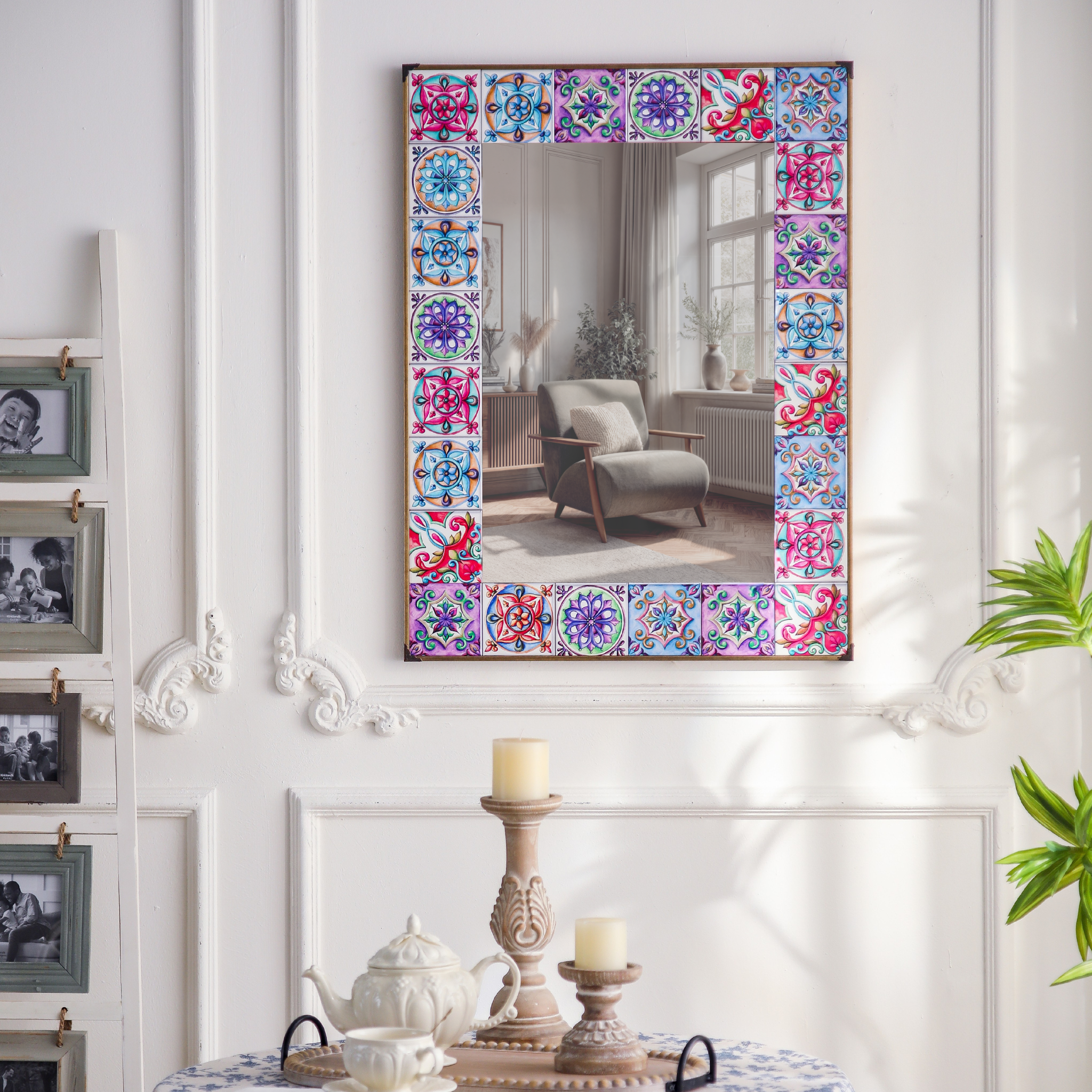 Mireille Mediterranean tile wall mirror styled in a French Provincial hallway with timber candle holders, teapot and ornate panelling