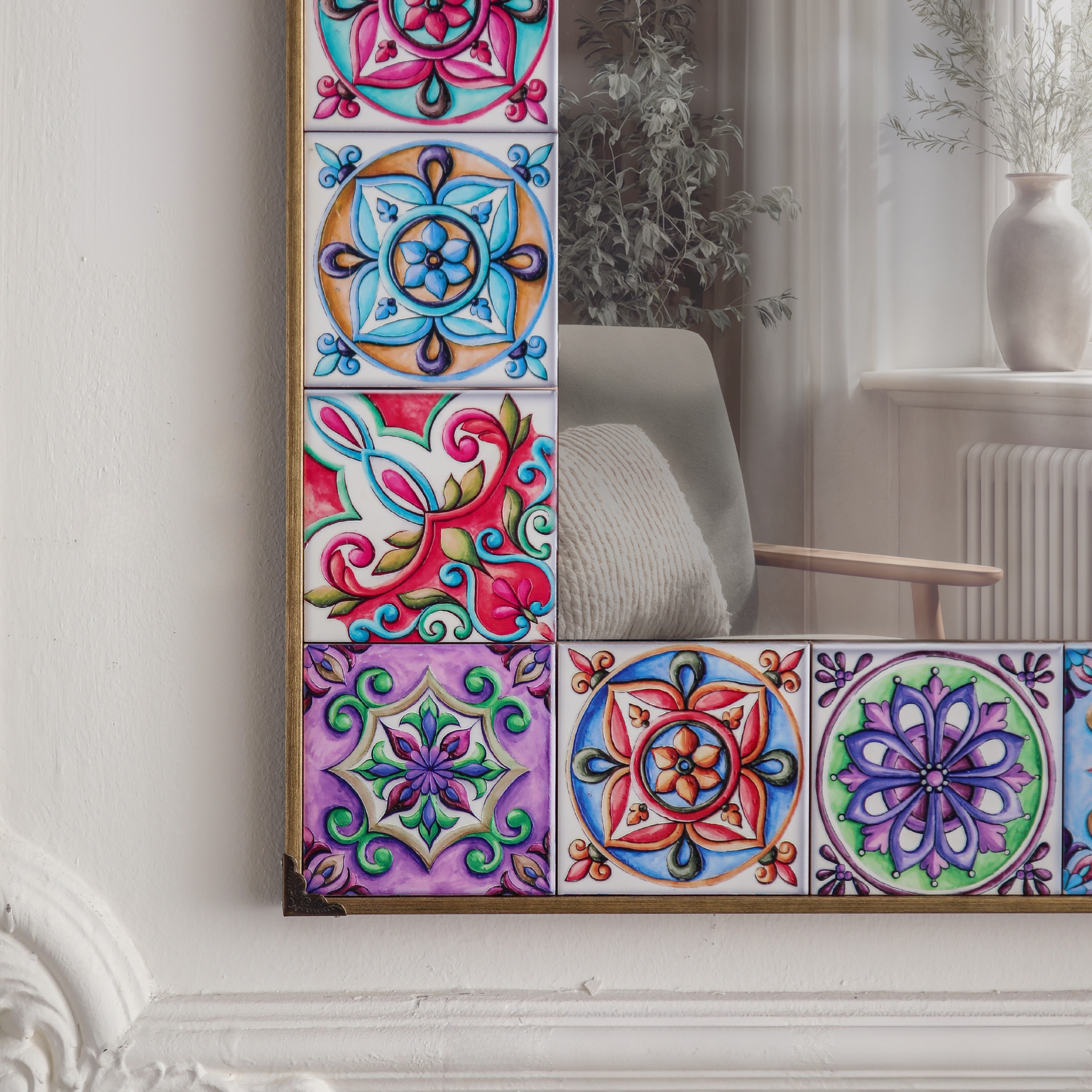 Mireille wall mirror close-up corner detail of hand-painted watercolour tiles in magenta, teal, purple and green